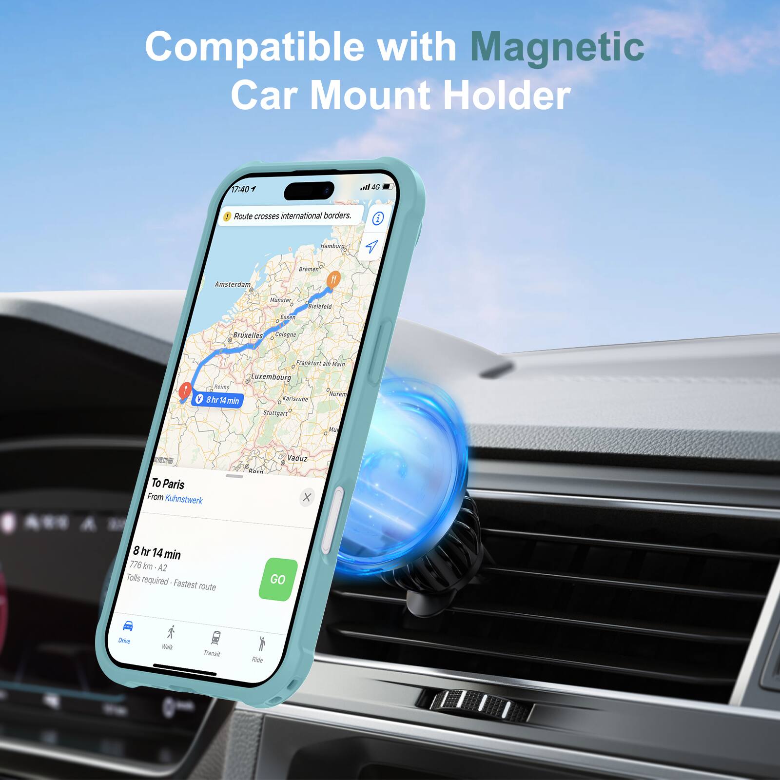 Compatible with Magnetic Car Mount Holder

17:40

Route crosses international borders.

To Paris
From Kuhnstwerk

8 hr 14 min
776 km - A2
Tolls required - Fastest route

GO

Drive | Walk | Transit | Ride