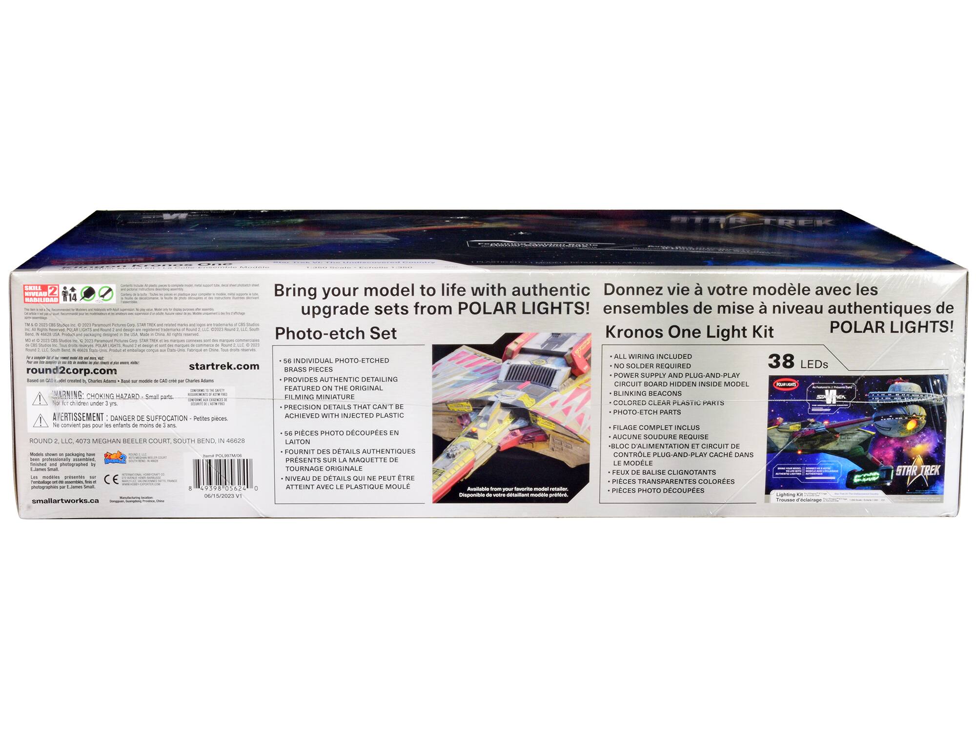 Sure, here is the corrected and grouped text from the image:

---

**Bring your model to life with authentic upgrade sets from POLAR LIGHTS!**

- Photo-etch Set
  - 56 INDIVIDUAL PHOTO-ETCHED PIECES
  - PROVIDES AUTHENTIC DETAILING
  - PRECISION DETAILS THAT CAN'T BE ACHIEVED WITH INJECTED PLASTIC
  - NO SOLDER REQUIRED
  - COLORED CLEAR PLASTIC PARTS
  - HIDDEN CIRCUIT BOARD INSIDE MODEL
  - POWER SUPPLY AND PLUG-AND-PLAY BEACONS
  - FILMING MINIATURE
  - SMALL PARTS
  - WARNING: CHOKING HAZARD - Small parts. Not for children under 3 years.
  - Avertissement: Danger de suffocation - Petites pièces. Ne convient pas aux enfants de moins de 3 ans.
  - round2corp.com
  - startrek.com
  - smalltworks.ca

**Donnez vie à votre modèle avec les ensembles de mise à niveau authentiques de POLAR LIGHTS!**

- Kronos One Light Kit
  - ALL WIRING INCLUDED