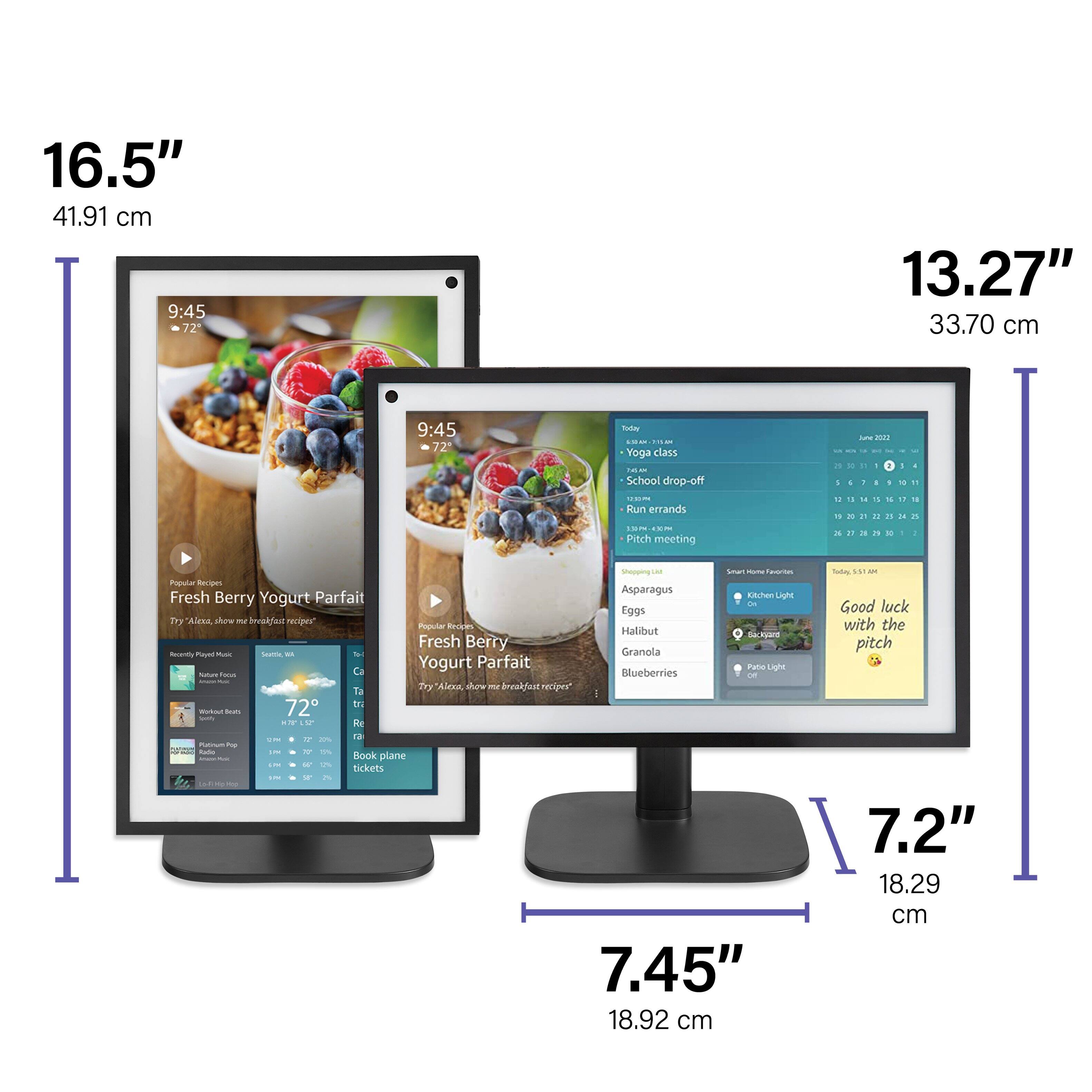 The image shows two computer monitors side by side, with a measurement of 16.5" and 7.45" in height. The monitors are displaying a Fresh Berry Yogurt Parfait, and a Good Luck message is visible on one of the screens. The monitors are placed on a table, and a person is standing next to them. The image also includes a clock, which shows the time as 9:45.