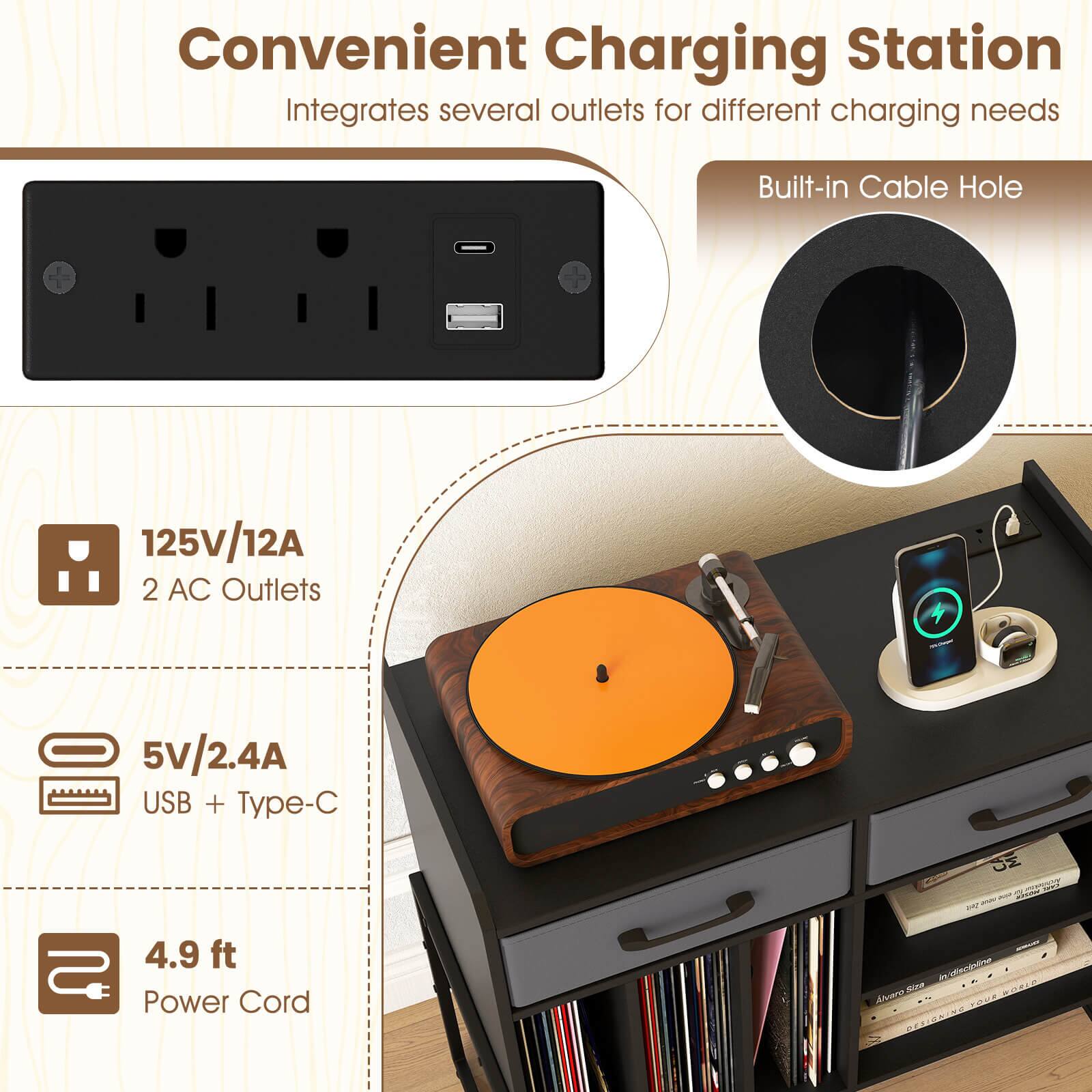 Convenient Charging Station  
Integrates several outlets for different charging needs  

Built-in Cable Hole  

125V/12A  
2 AC Outlets  

5V/2.4A  
USB + Type-C  

4.9 ft  
Power Cord