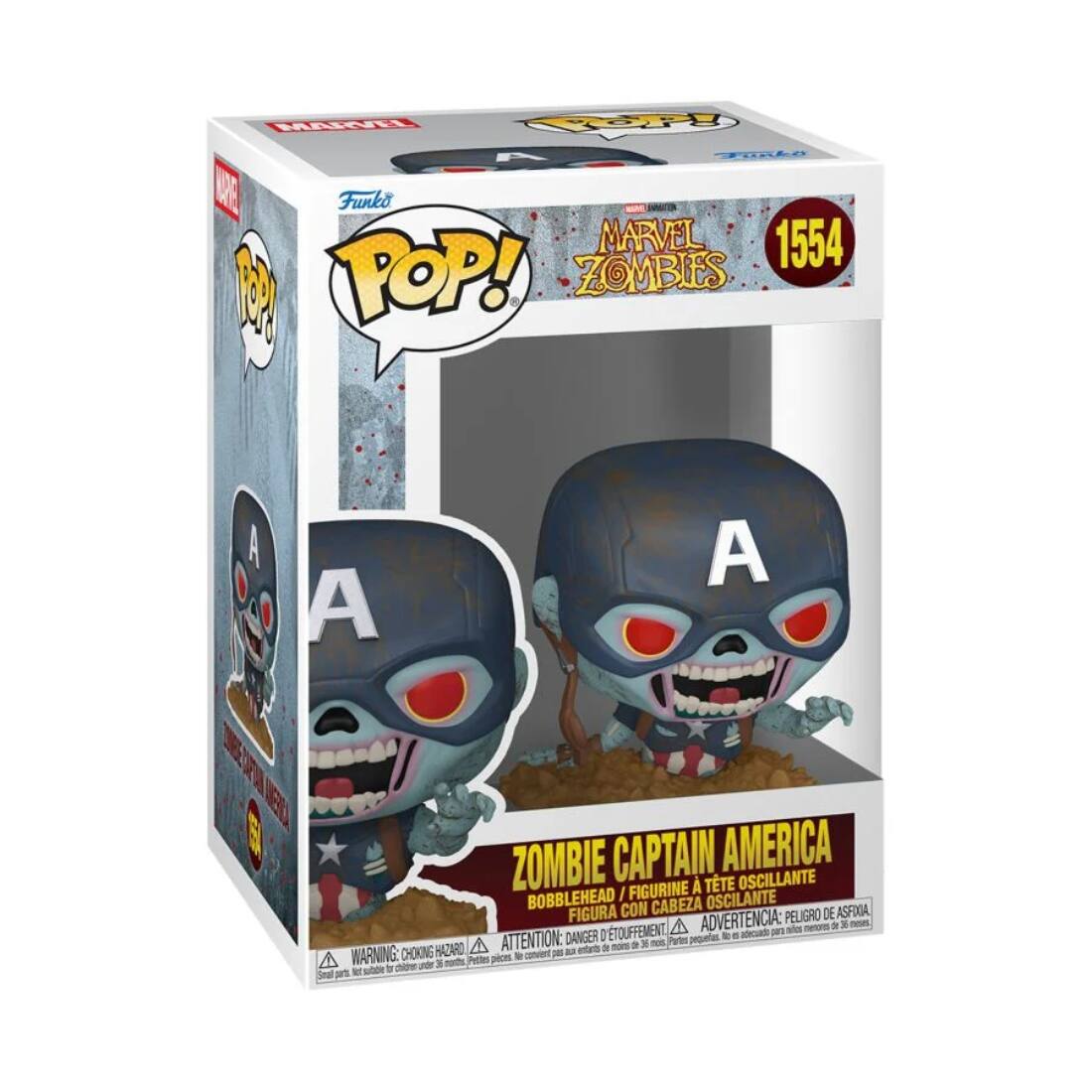 Sure, here is the corrected and grouped text from the image:

---

**Funko POP!**

**MARVEL ZOMBIES**

**1554**

**ZOMBIE CAPTAIN AMERICA**

**BOBBLEHEAD / FIGURINE À TÊTE OSCILLANTE / FIGURA CON CABEZA OSCILANTE**

**ADVERTENCIA: PELIGRO DE ASFIRIA**

**ATTENTION: DANGER DE TOUFFEMENT**

**WARNING: CHOKING HAZARD - Small parts. Not for children under 3 years.**

**ADVERTENCIA: PELIGRO DE ASPÍRACION - Pequeñas piezas. No es para niños menores de 3 años.**

**ADVERTENCIA: PELIGRO DE ASPÍRACION - Pequeñas piezas. No es para niños menores de 3 años.**

---

This text is organized to reflect the information on the packaging, including the brand, series, figure number, name, and safety warnings.