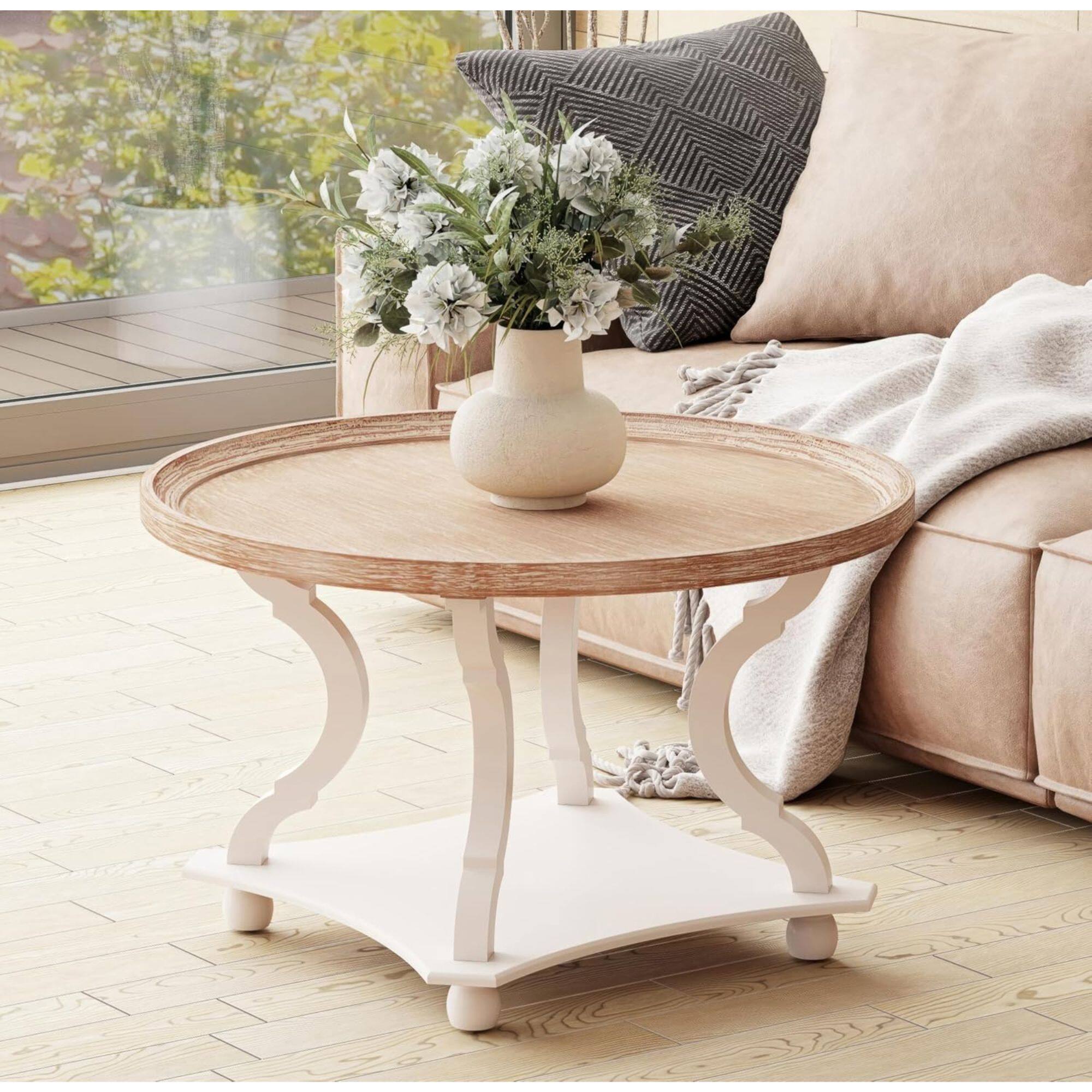 Alt View 7. COZAYH - COZAYH Round Rustic Coffee Table Wood Tray Top Accent Centerpiece Storage, White - Wood, White.