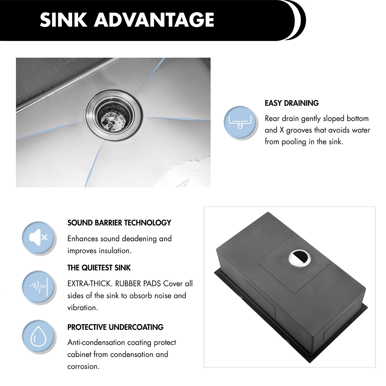 SINK ADVANTAGE

EASY DRAINING
Rear drain gently sloped bottom and X grooves that avoid water from pooling in the sink.

SOUND BARRIER TECHNOLOGY
Enhances sound deadening and improves insulation.

THE QUIETEST SINK
EXTRA-THICK. RUBBER PADS Cover all sides of the sink to absorb noise and vibration.

PROTECTIVE UNDERCOATING
Anti-condensation coating protect cabinet from condensation and corrosion.