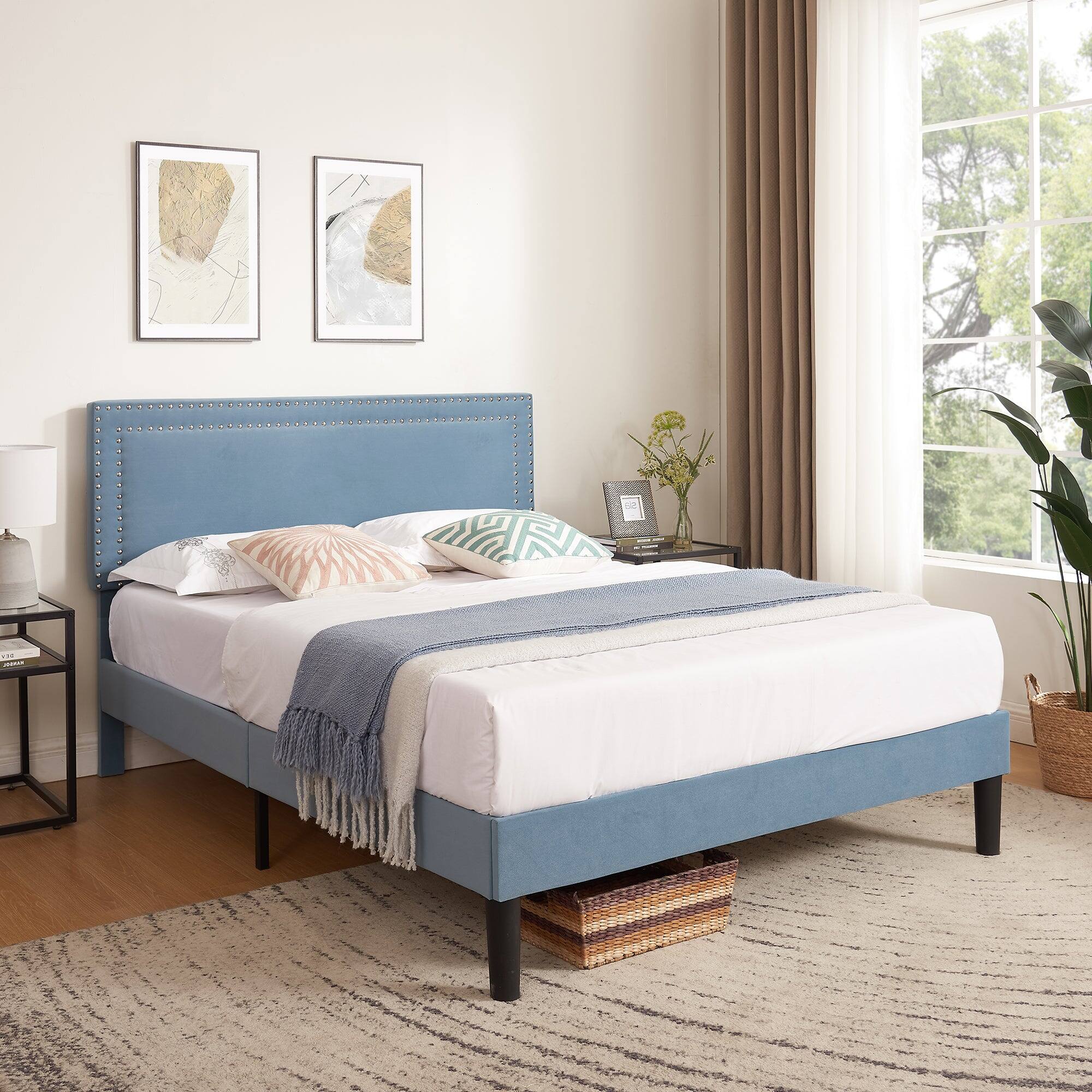 Back. Vecelo - Full Size Platform Bed Frame with Adjustable Upholstered Headboard, Strong Wood Slat Support,No Box Spring Needed - Light Blue.