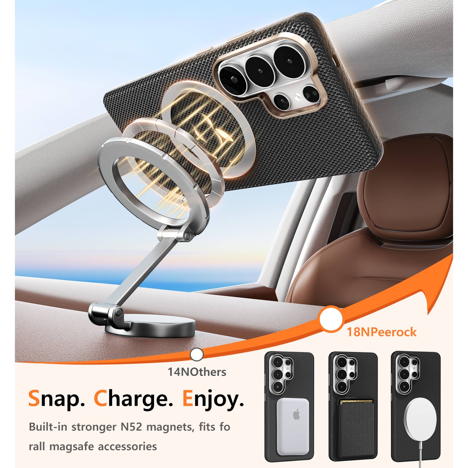 18NPeerock  
14NOthers  

Snap. Charge. Enjoy.  

Built-in stronger N52 magnets, fits for all mag safe accessories
