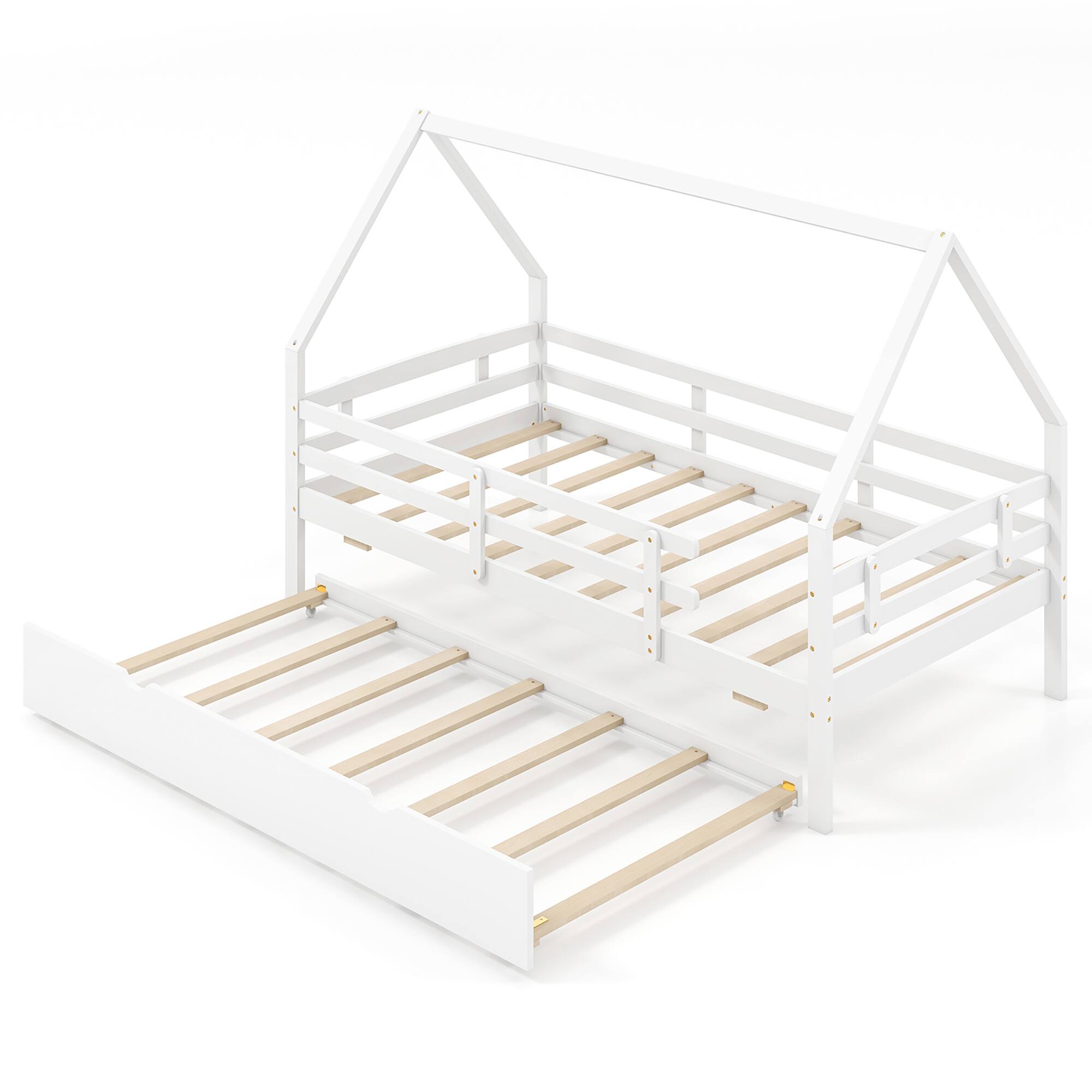 Alt View 1. Gymax - Gymax Twin Size House Bed w/ Trundle Wooden Kids Bed w/ Safety Rails & Decorable Roof White - White.