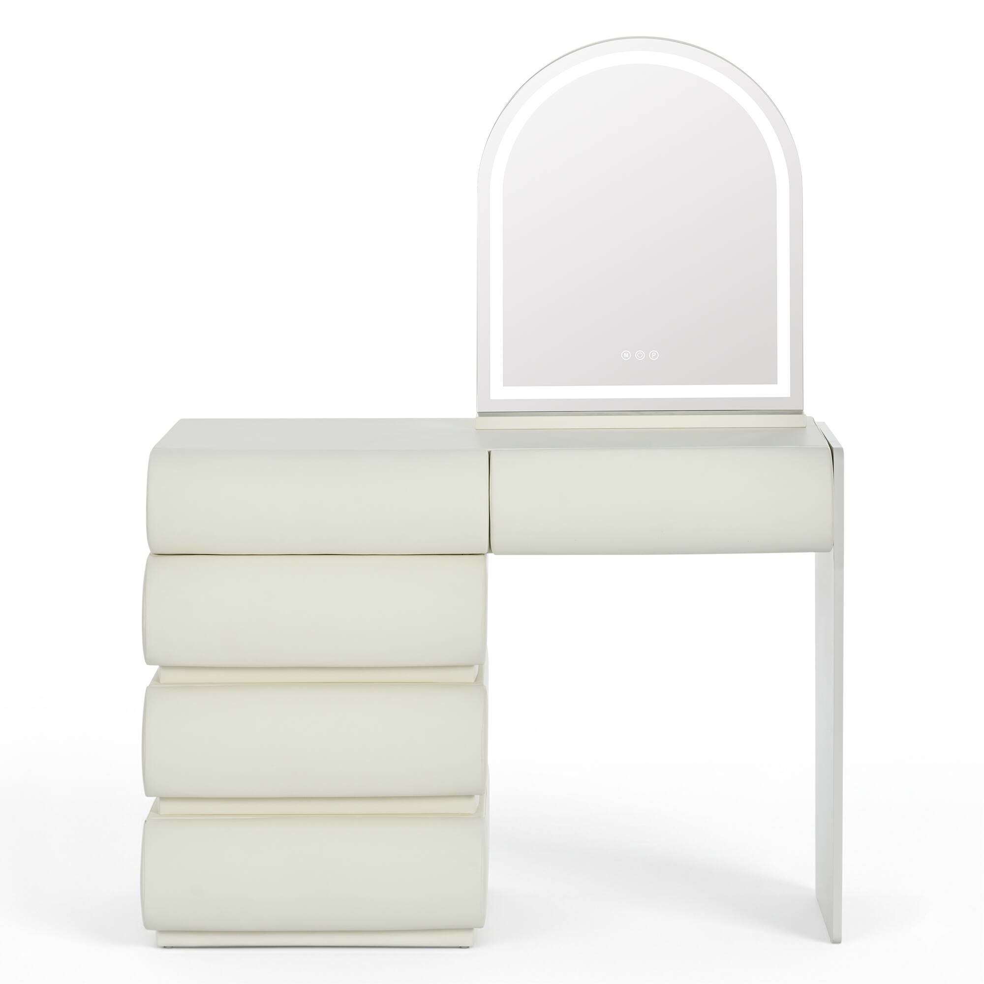 Back. Whisen - Leather Dresser Vanity Table,2-in-1 Makeup Vanity Desk with LED Mirror and 5 Storage Drawers - Beige.