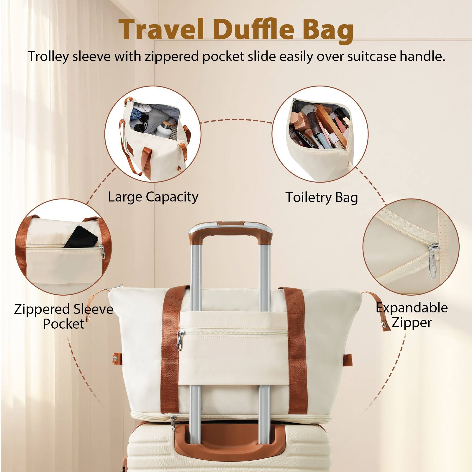 Travel Duffle Bag

Trolley sleeve with zippered pocket slide easily over suitcase handle.

- Large Capacity
- Toiletry Bag
- Zippered Sleeve Pocket
- Expandable Zipper