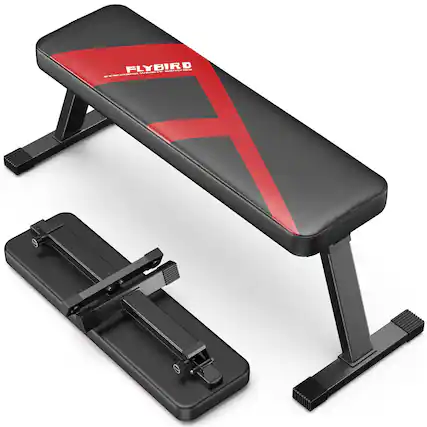 Front. FLYBIRD - Flat Bench, Foldable Flat Weight Bench Easy Assembly for Strength Training Bench Press - Red.