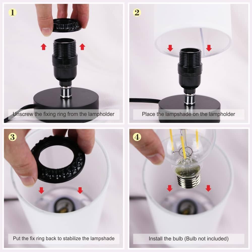 1. Unscrew the fixing ring from the lamp holder.
2. Place the lampshade on the lamp holder.
3. Put the fix ring back to stabilize the lampshade.
4. Install the bulb (Bulb not included).