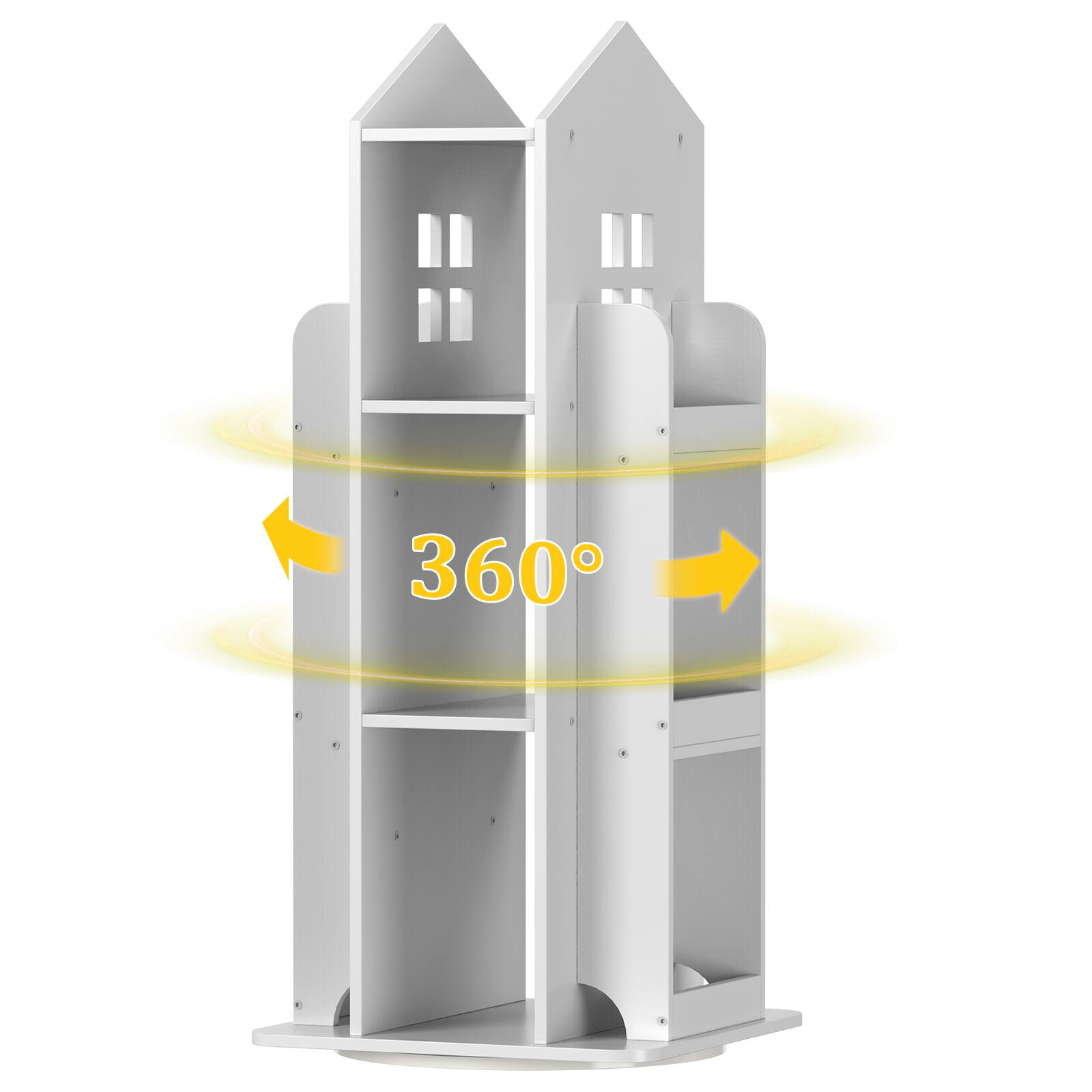 Angle. Oumilen - 360° Rotating Wood House-Shaped Bookshelf, Light White - Light White.