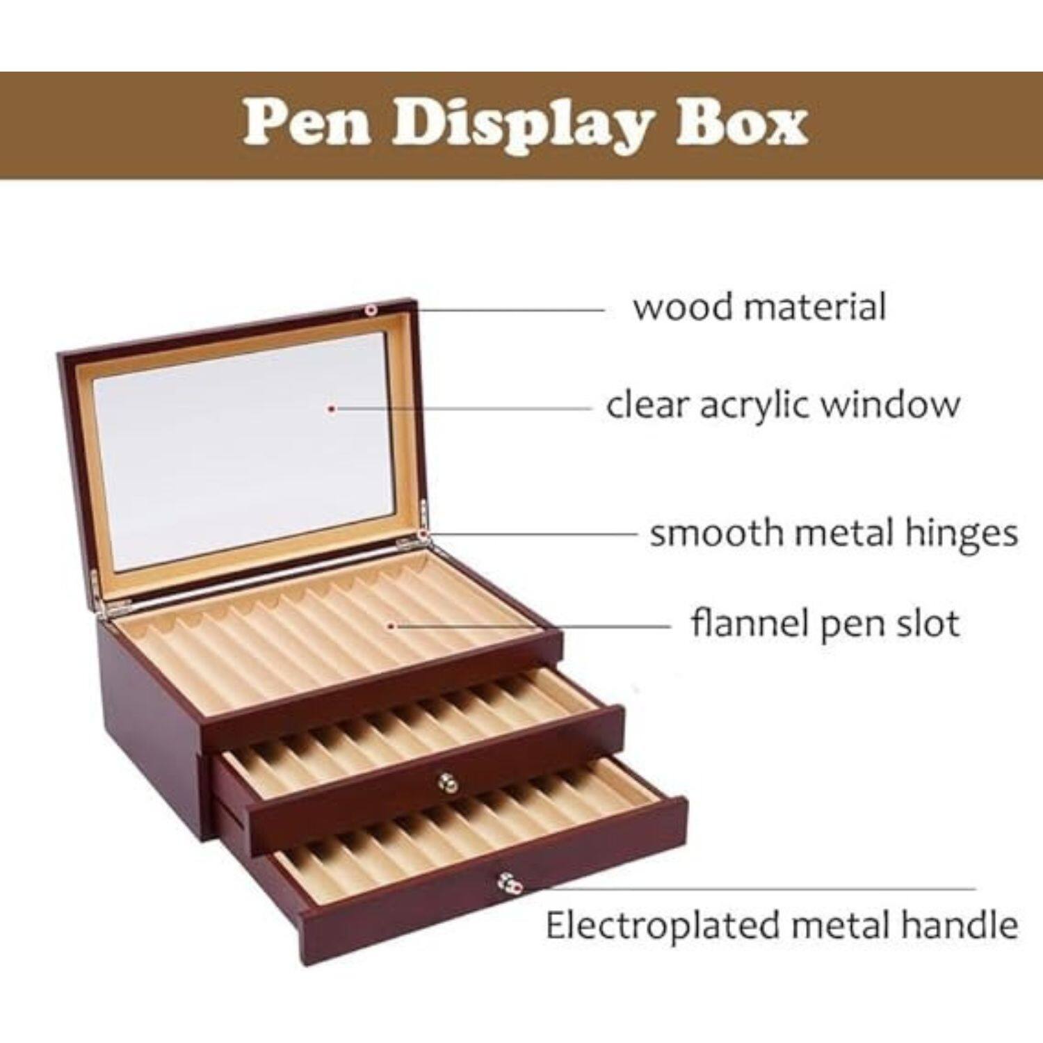 Pen Display Box

- wood material
- clear acrylic window
- smooth metal hinges
- flannel pen slot
- Electroplated metal handle