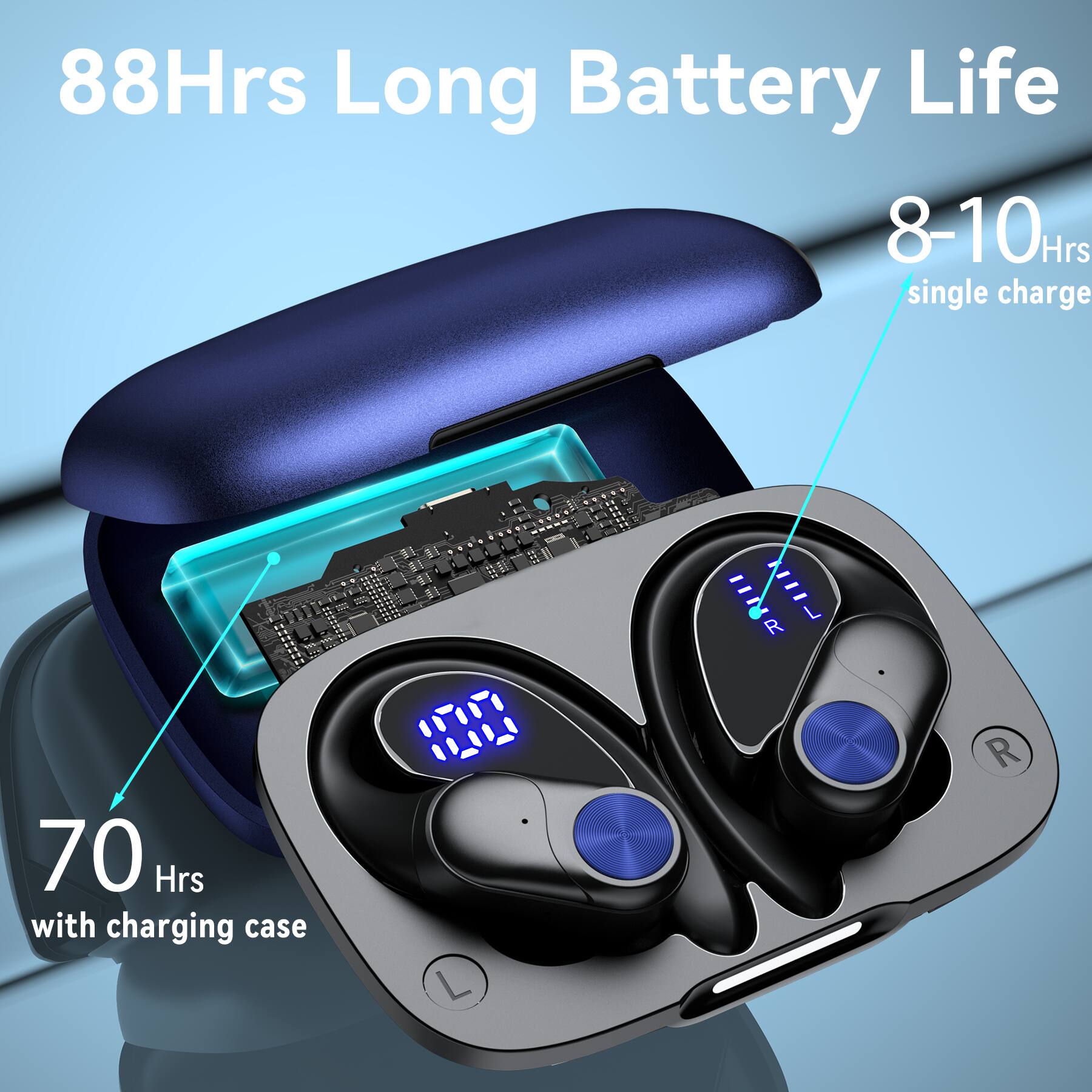 88Hrs Long Battery Life  
8-10Hrs single charge  
70 Hrs with charging case