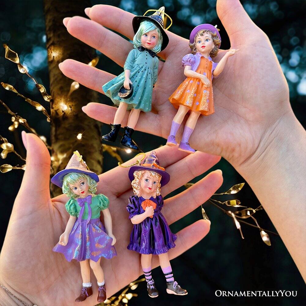 Back. OrnamentallyYou - Classic Victorian Little Witch Girls Set of 4 Ornaments Vintage Halloween Tree Resin Decoration - Multi-colored.