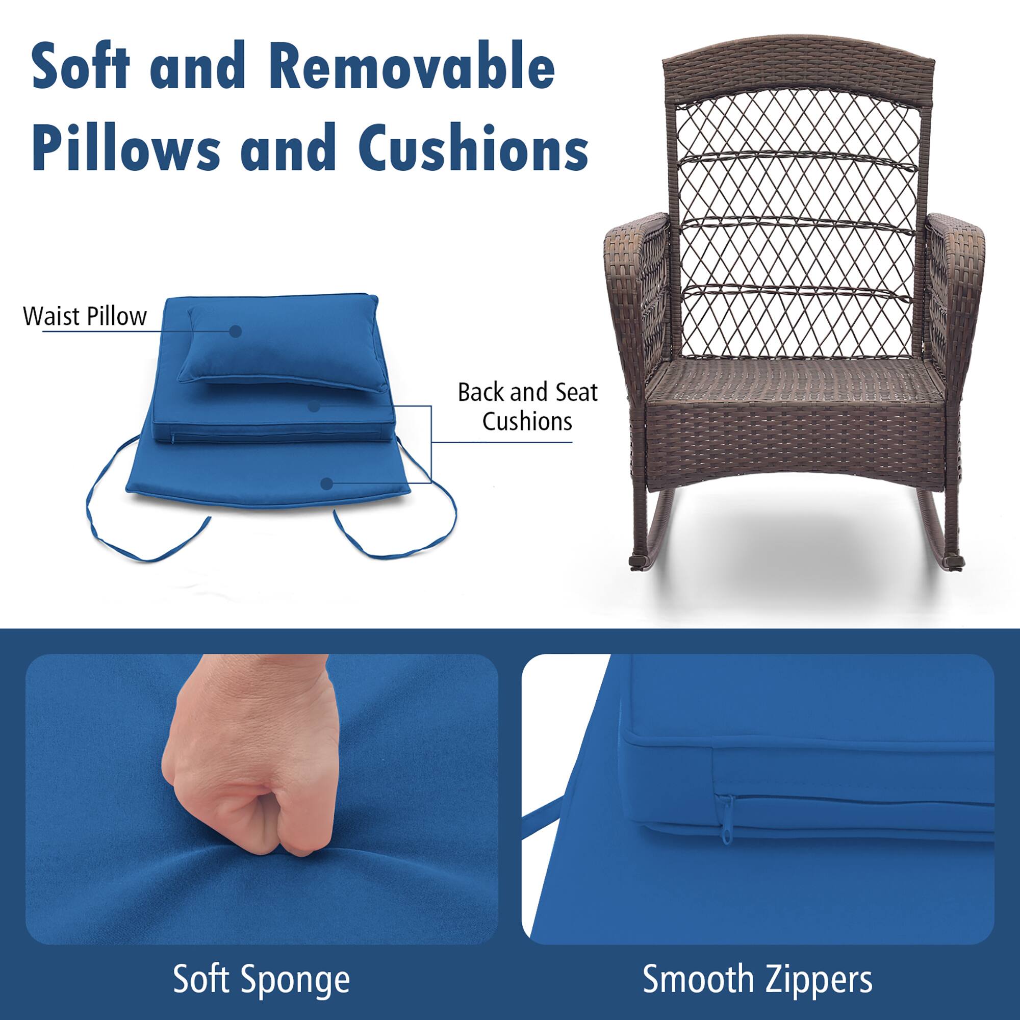 Soft and Removable  
Pillows and Cushions

Waist Pillow  
Back and Seat Cushions

Soft Sponge  
Smooth Zippers