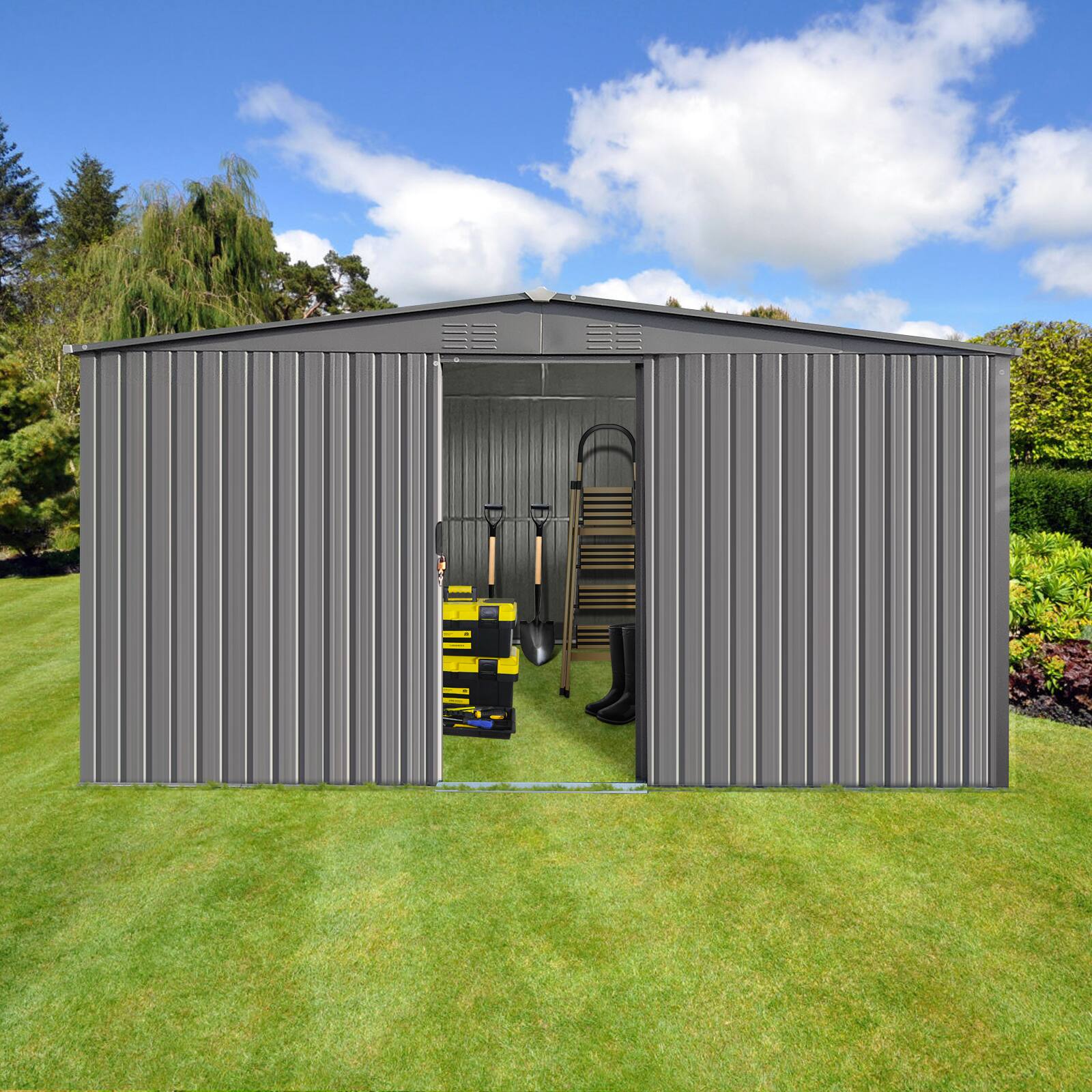 Alt View 7. Loheer - Loheer 13x11 Metal Shed With Firewood Storage Grey Outdoor Tool Shed Dual Function Apex Roof Garden Shed.
