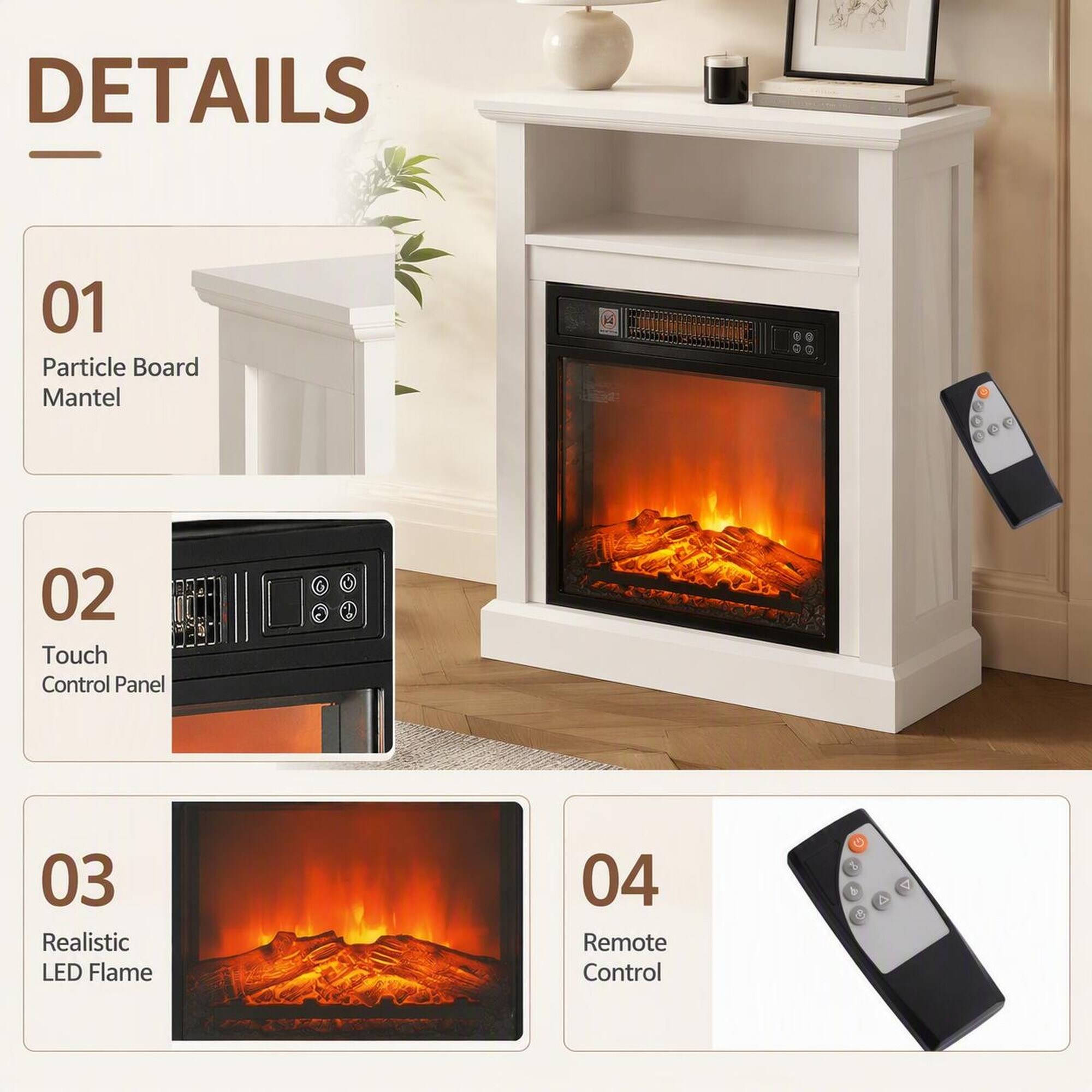 DETAILS
01 Particle Board Mantel
02 Touch Control Panel
03 Realistic LED Flame
04 Remote Control