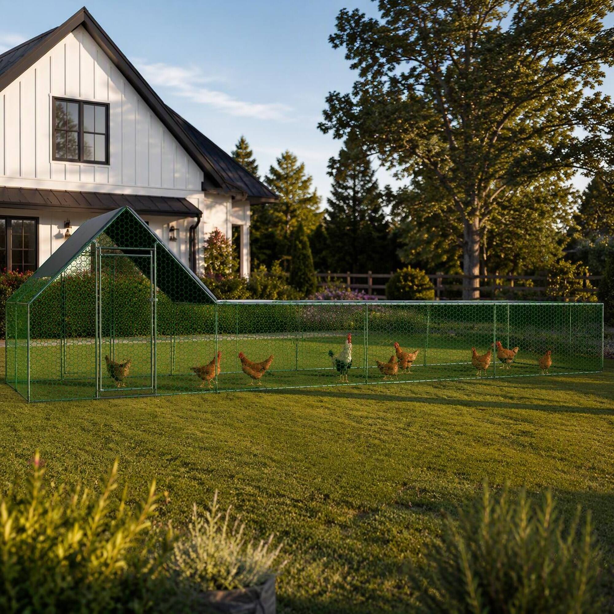 Angle. RYHNUYNE - Large Metal Chicken Coop, 26' L x 6.7' W x 6.6' H Walk-in Chicken Run, Galvanized Wire Poultry Pen.