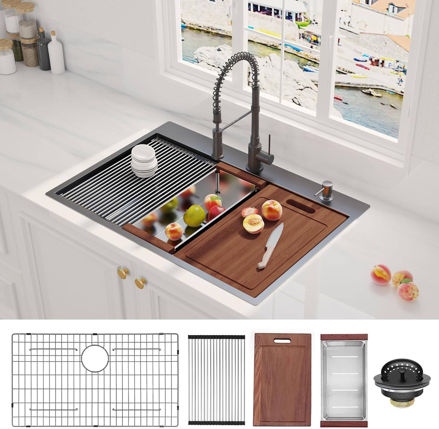 Front. APRILSOUL - 33 Inch Gunmetal Black Drop In Workstation Kitchen Sink Gauge Topmount Single Bowl Stainless Steel With Accessories - Black.