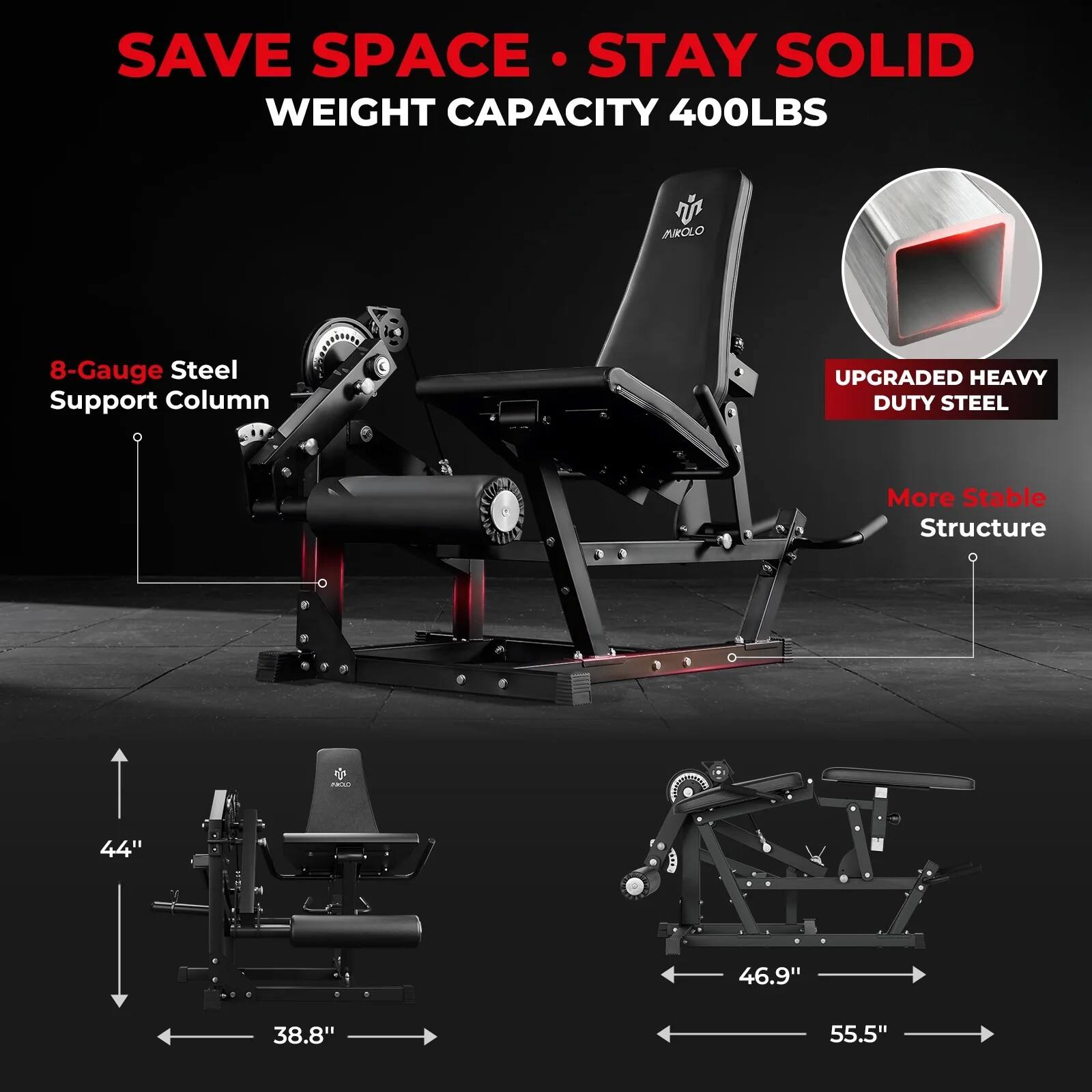 SAVE SPACE STAY SOLID  
WEIGHT CAPACITY 400LBS  

AIROLO  
8-Gauge Steel Support Column  
UPGRADED HEAVY DUTY STEEL  
More Stable Structure  

44"  
46.9"  
38.8"  
55.5"