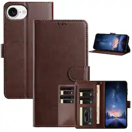 Dteck - Wallet Folio Case for Apple iPhone 16e/17e, Shockproof Magnetic PU Leather Flip Card Slots Stand Case - Brown