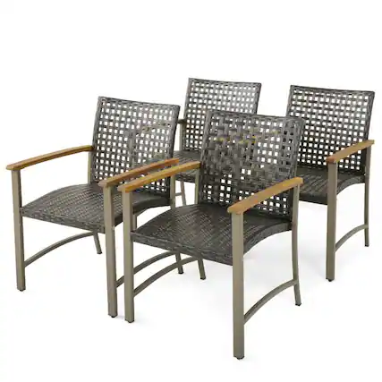 Front. Pefilos - Set of 4 Patio Rattan Dining Chairs with Ergonomic Curved Seat , Dining Chairs with Acacia Wood Armrests - Brown.