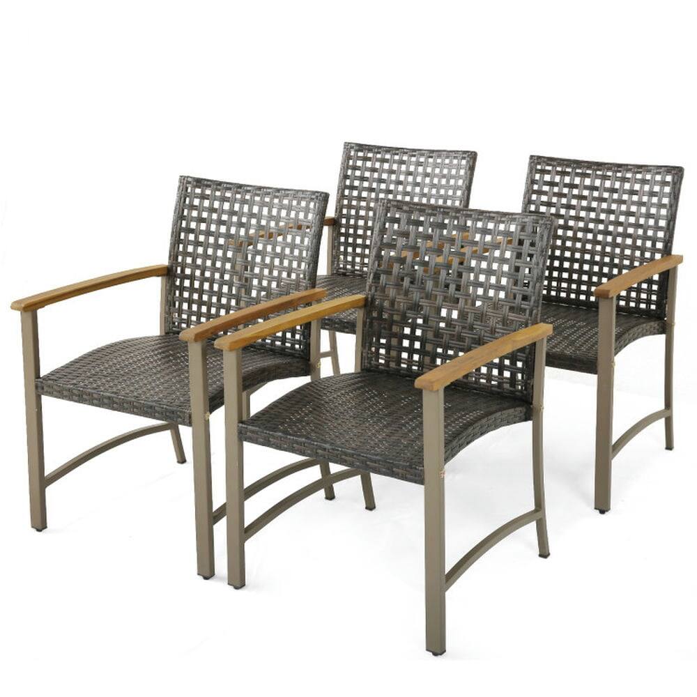 Front. Pefilos - Set of 4 Patio Rattan Dining Chairs with Ergonomic Curved Seat , Dining Chairs with Acacia Wood Armrests - Brown.
