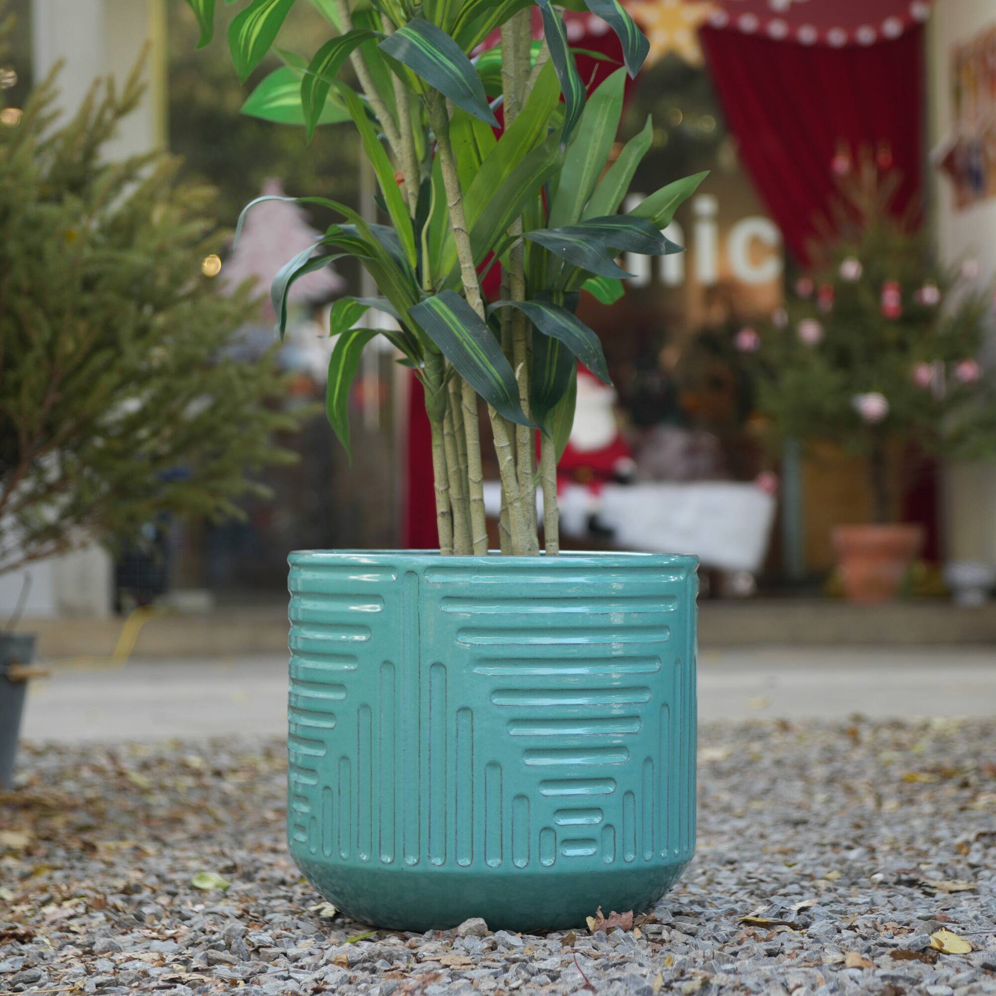 Angle. Loheer - Ceramic Planter by Loheer, 16 Inch Handmade Teal Textured Plant Pot for Indoor Outdoor Monstera Fiddle Leaf Fig.