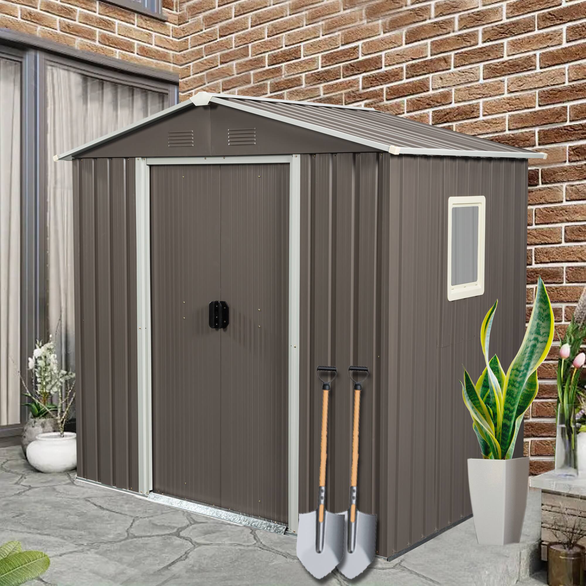 Angle. Mondawe - 6ft x 5ft Outdoor Metal Storage Shed With window - Gray.