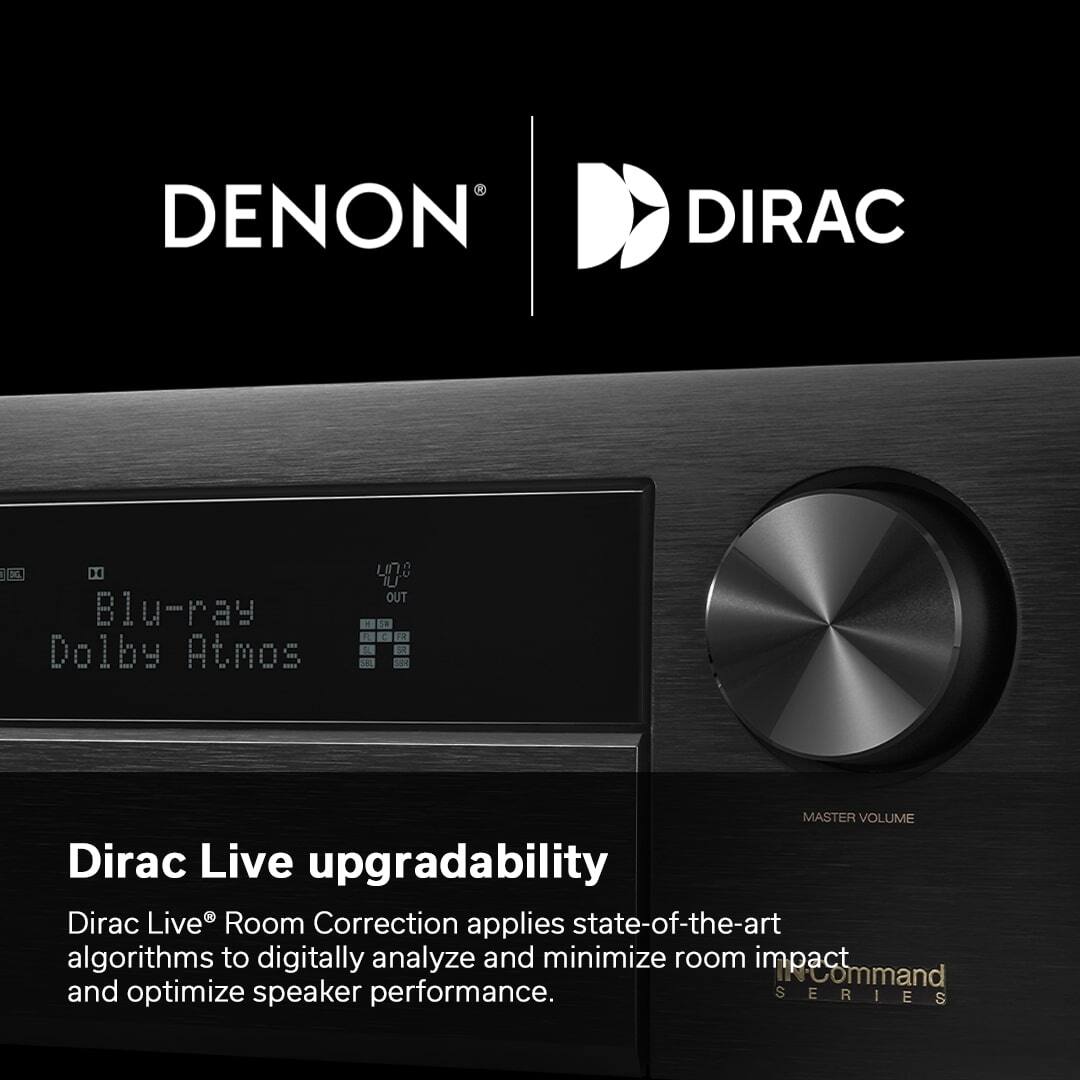 Denon DIRAC Blu-ray Dolby Atmos un IU OUT 1e 2 S S MASTER VOLUME Dirac Live upgradability Dirac Live Room Correction applies state-of-the-art algorithms to digitally analyze and minimize room impact Command and optimize speaker performance. SERIES