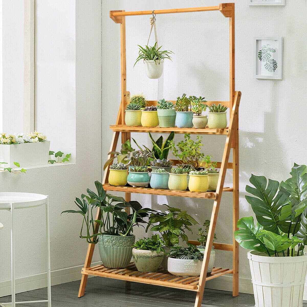 Alt View 3. Costway - 3 Tier Bamboo Hanging Folding Plant Shelf Stand Flower Pot Display Rack Bookcase - Natural.