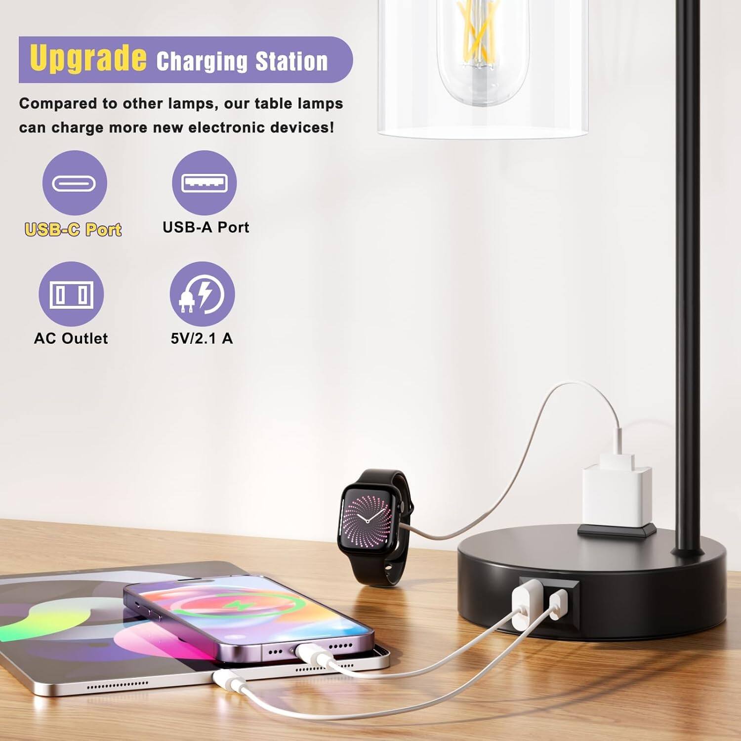 Upgrade Charging Station

Compared to other lamps, our table lamps can charge more new electronic devices!

- USB-C Port
- USB-A Port
- AC Outlet
- 5V/2.1 A