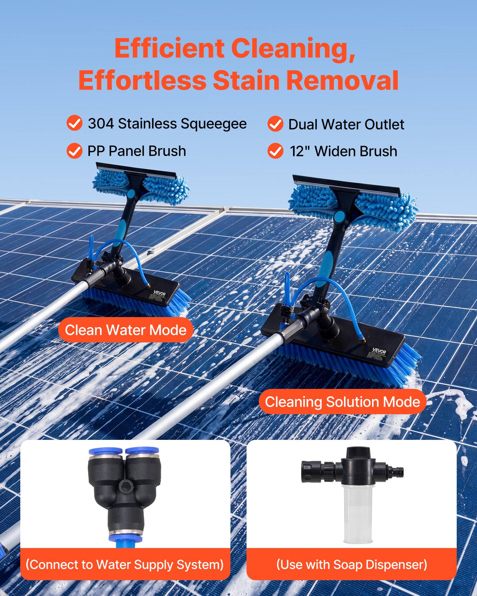 Efficient Cleaning, Effortless Stain Removal

- 304 Stainless Squeegee
- PP Panel Brush
- Dual Water Outlet
- 12" Widen Brush

Clean Water Mode  
Cleaning Solution Mode

(Connect to Water Supply System)  
(Use with Soap Dispenser)