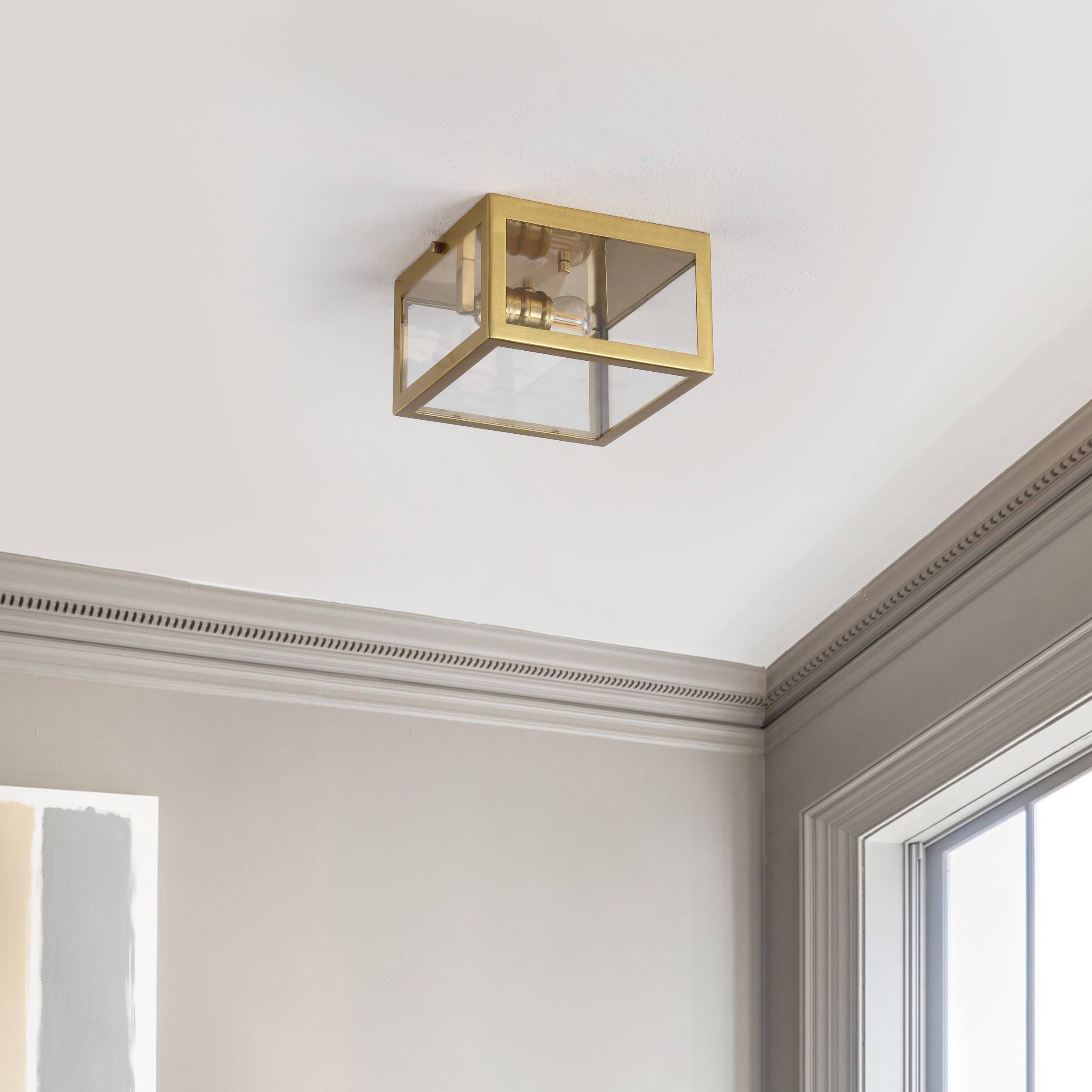 Alt View 5. Jonathan Y - Grayson 8" 1-Light Farmhouse Industrial Square Iron/Glass Case LED Flush Mount, Brass Gold - Brass Gold.