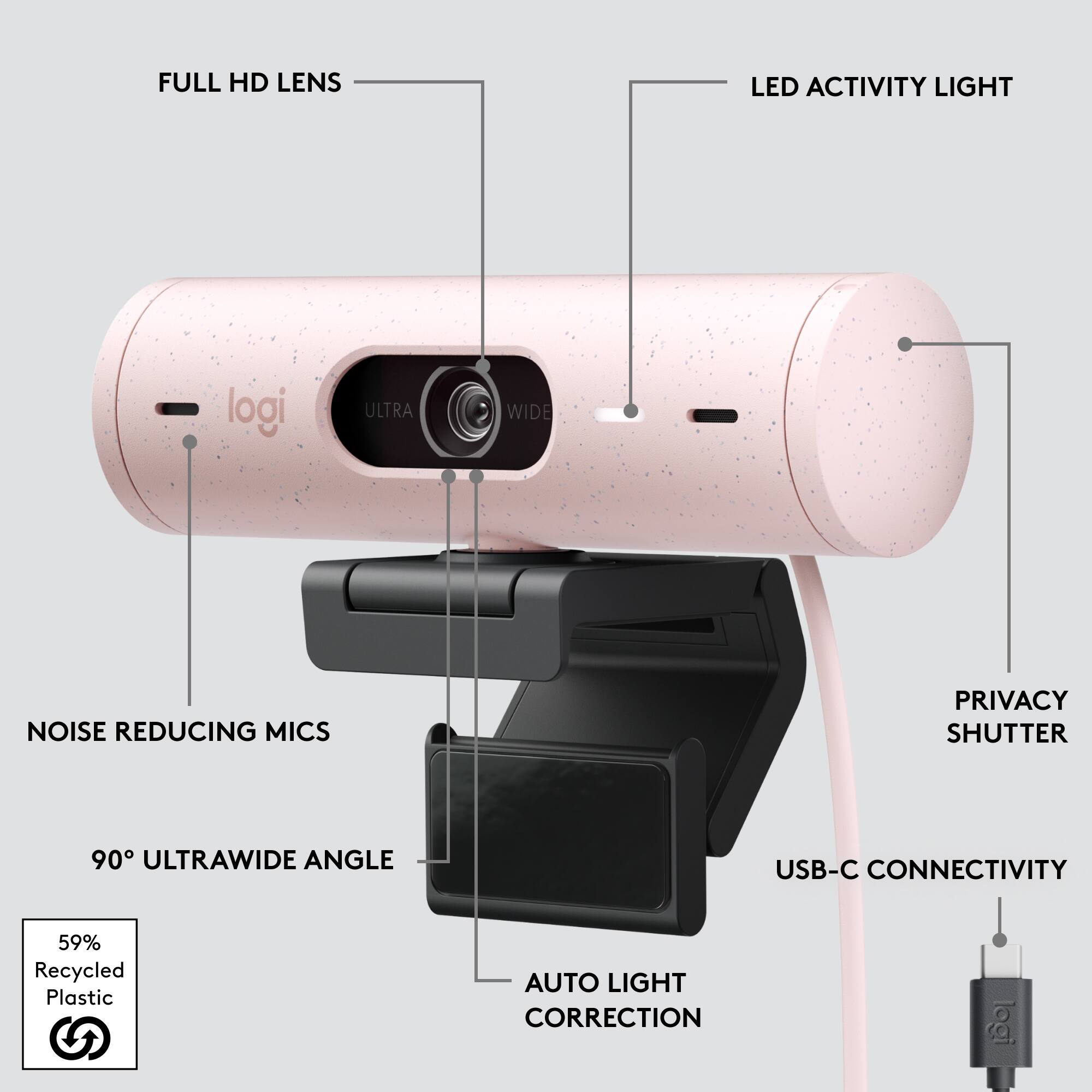 - FULL HD LENS
- LED ACTIVITY LIGHT
- NOISE REDUCING MICS
- 90° ULTRAWIDE ANGLE
- PRIVACY SHUTTER
- USB-C CONNECTIVITY
- AUTO LIGHT CORRECTION
- 59% Recycled Plastic