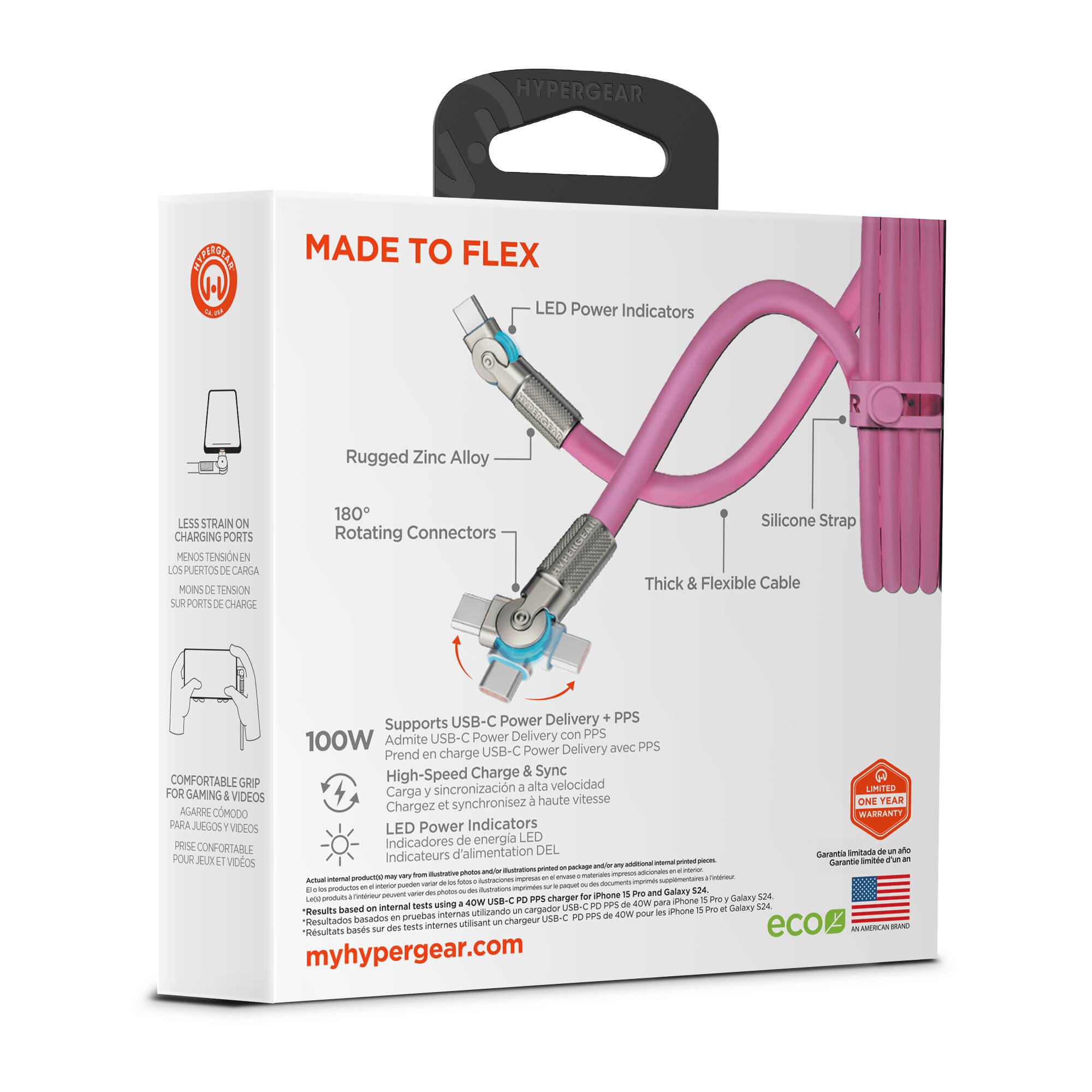 HYPERGEAR IAPHROTO MADE TO FLEX LED Power Indicators Rugged Zinc Alloy LESS STRAIN ON CHARGING PORTS MENOS TENSION EN LOS PUERTOS DE CARGA MONS C ENSION SPORTS x CHARGE 180 Rotating Connectors Silicone Strap Thick & Flexible Cable USB-C Power Delivery PPS Supports USB-C Power Delivery con PPS 100W Admite USB-C Power Delivery avec PPS Prend en charge High-Speed Charge & Sync COMFORTABLE GRIP a alta velocidad sincronización aITER FOR GAMING VIDEOS Carga y sincronisez a haute vitesse ONE YEAR Chargez et AGARRE CMODO WARRANTY PARA JUEGOS VEGOS LED Power Indicators Indicadores de energia LED PRSE CONFORTABLE DEL ahs indicateurs d'alimentation Garantia imitada POUR JEUXET VIDOS - aa  - Carantie unvtae ham -hn w -o - - van -o - A - gnod -  - - ARN - pres produrto - - smm - - -t Pre and Calaxry 124 - - rvre - PPS charger -e IPhone