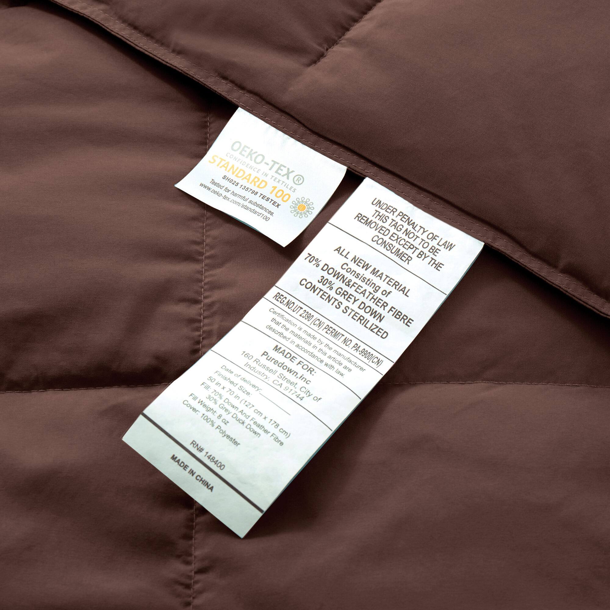 OEKO-TEX® STANDARD 100  
Tested for harmful substances in textiles  
SH025 135798  
www.oeko-tex.com  
Certification No. 1274710  

UNDER PENALTY OF LAW THIS TAG NOT TO BE REMOVED EXCEPT BY THE CONSUMER  
ALL NEW MATERIAL  
70% DOWN & FEATHER CONTENTS  
30% GREY DOWN FIBRE  
STERILIZED  
REG. NO. UT 2390  
MADE BY: Puredown, Inc.  
PA-9900(CN)  
MADE IN CHINA  

Consisting of:  
70% GREY DOWN  
30% GREY FEATHER  
MADE FOR:  
160 Purdown Spelt  
50 x 70 Size: 127 cm x 91 cm  
Fill: 178 oz  
Cover: 100% Polyester  
RN# 148400