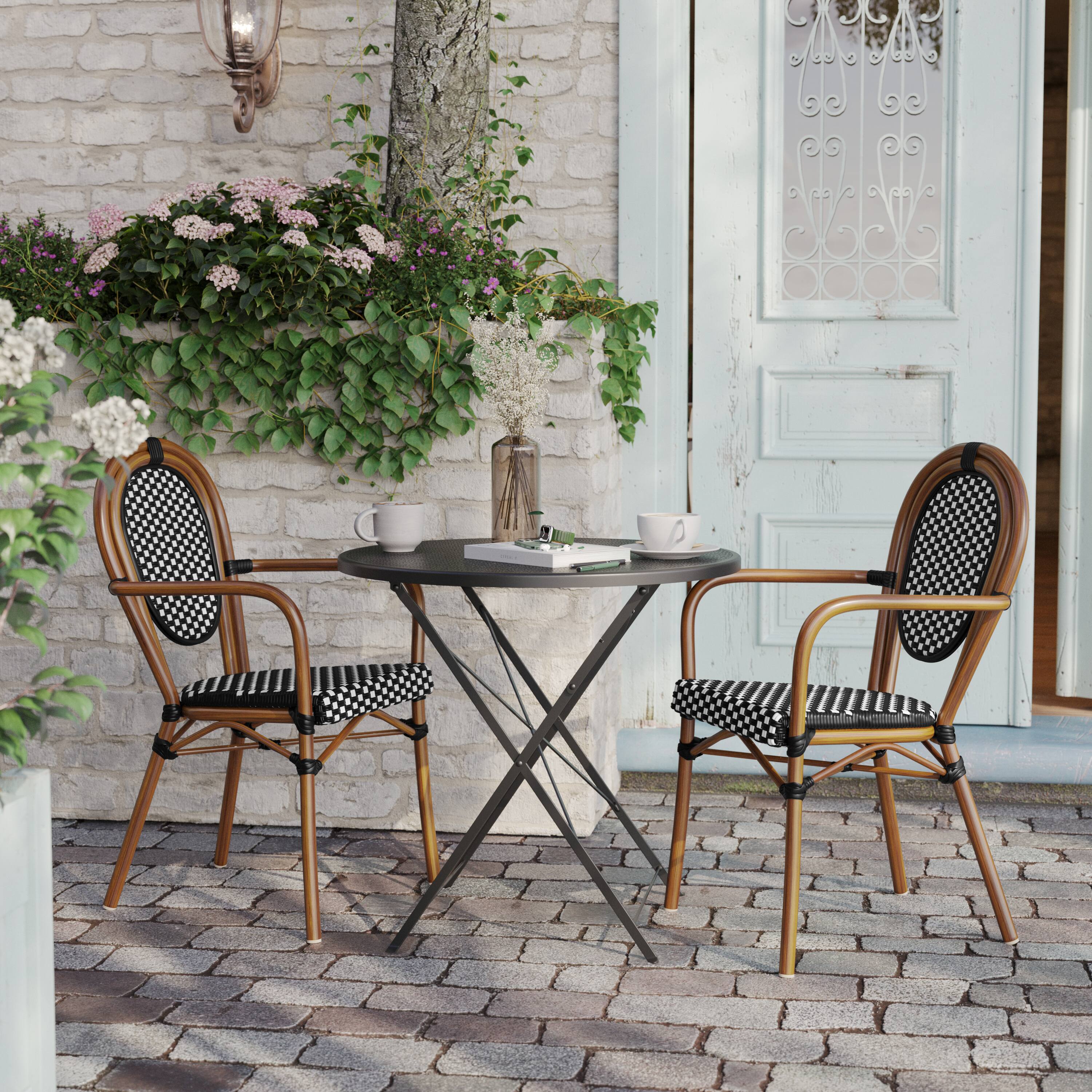 Alt View 3. Flash Furniture - 2 Pack Lourdes Indoor/Outdoor Commercial Thonet Bistro Stacking Chair with Arms, Black and White PE Rattan and Natural A - Black.