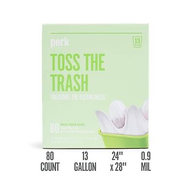 perk  
TOSS THE TRASH  
TREASURE THE CLEANLINESS  

80 COUNT  
13 GALLON  
24" x 28"  
0.9 MIL