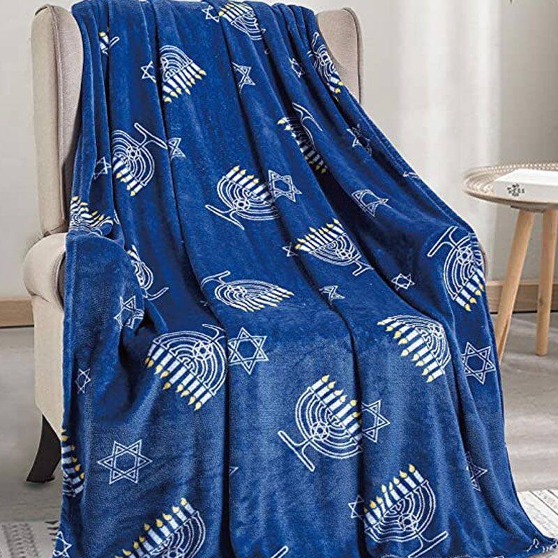 Left. Noble House - Noble House Hanukkah Maccabee Collection Microplush Holiday Throw Blanket 50" x 60" - Hanukkah Menorah.