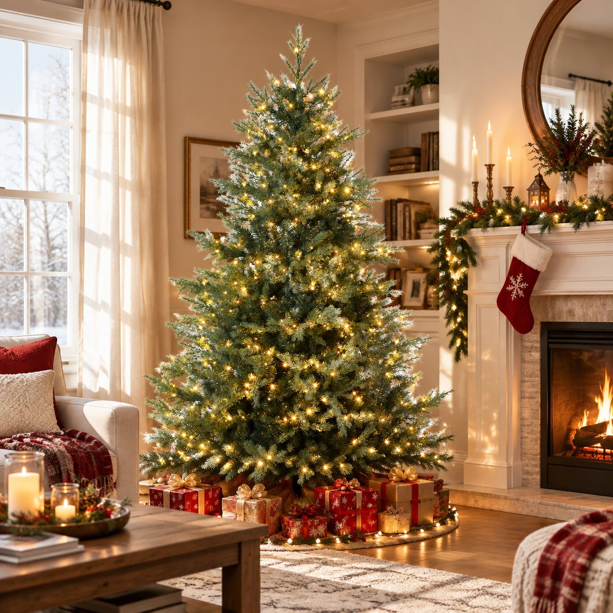 Angle. RYHNUYNE - 6 Ft Artificial Christmas Tree With 400 Warm White LED Lights, 2328 Branches Auto Open 8 Light Modes Decor - Green.