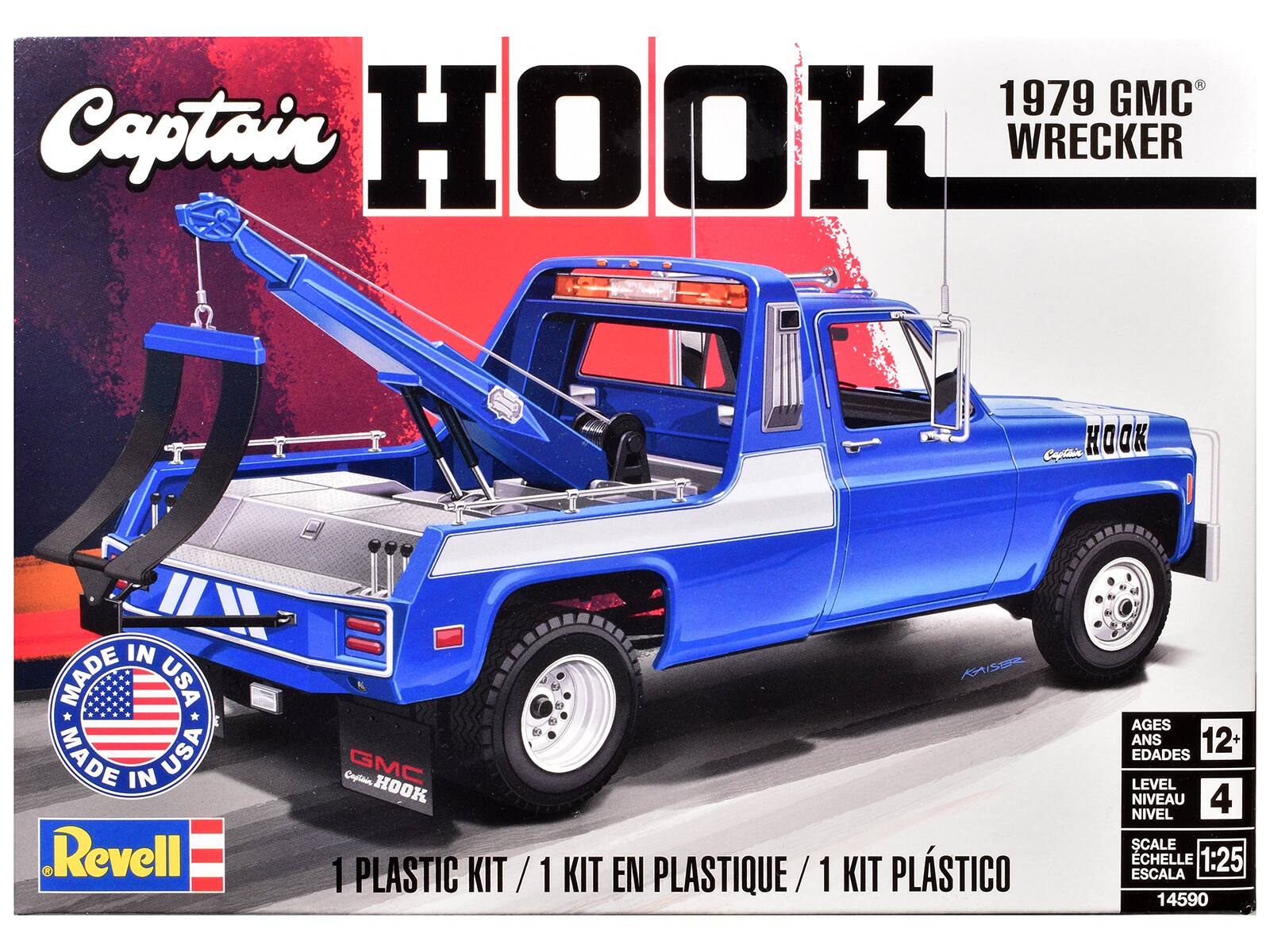 1979 GMC Captain HOOK WRECKER  
Captain HOOK  
MADE IN USA  
Revell  
1 PLASTIC KIT / 1 KIT EN PLASTIQUE / 1 KIT PLÁSTICO  
AGES 12+  
LEVEL 4  
SCALE 1:25  
14590