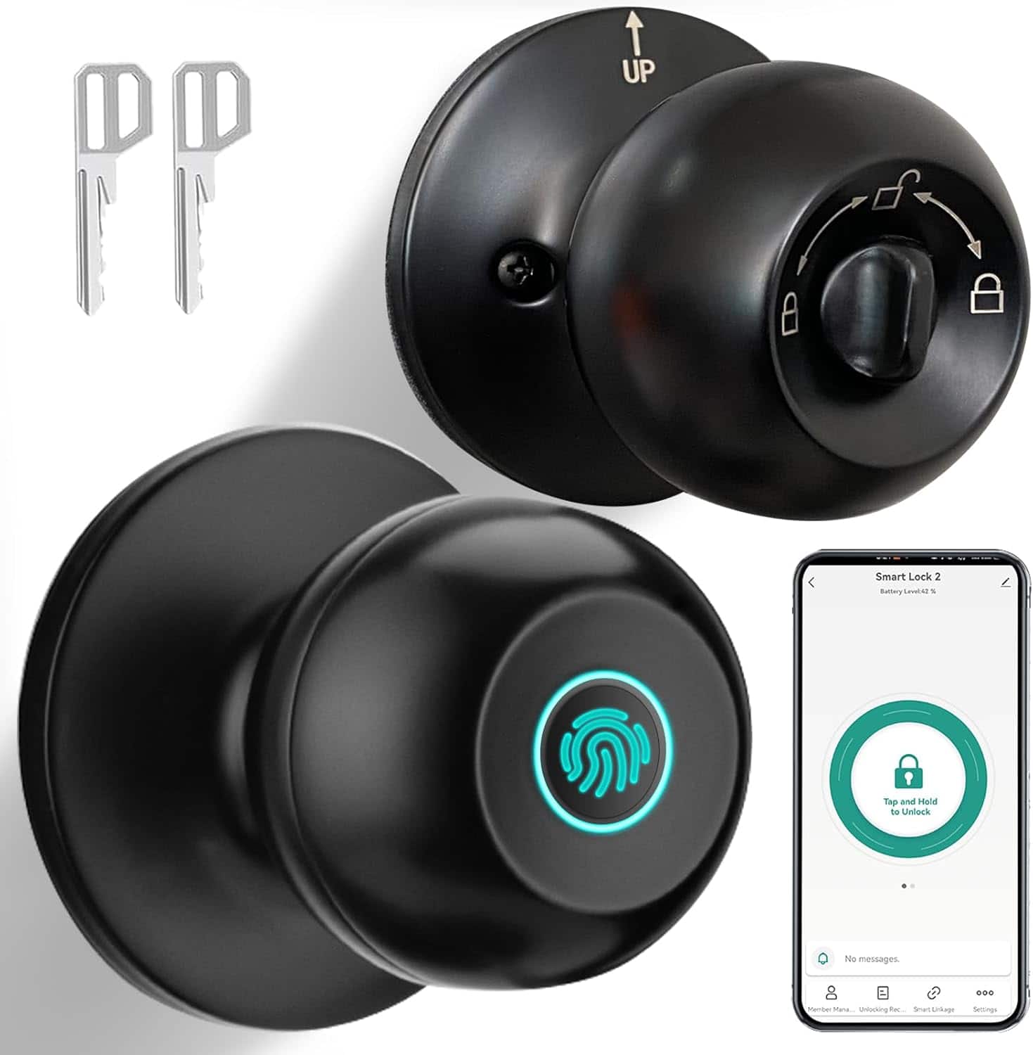 RTMB - Biometric Door Lock with App Control & Key, Keyless Door Knob (Black)