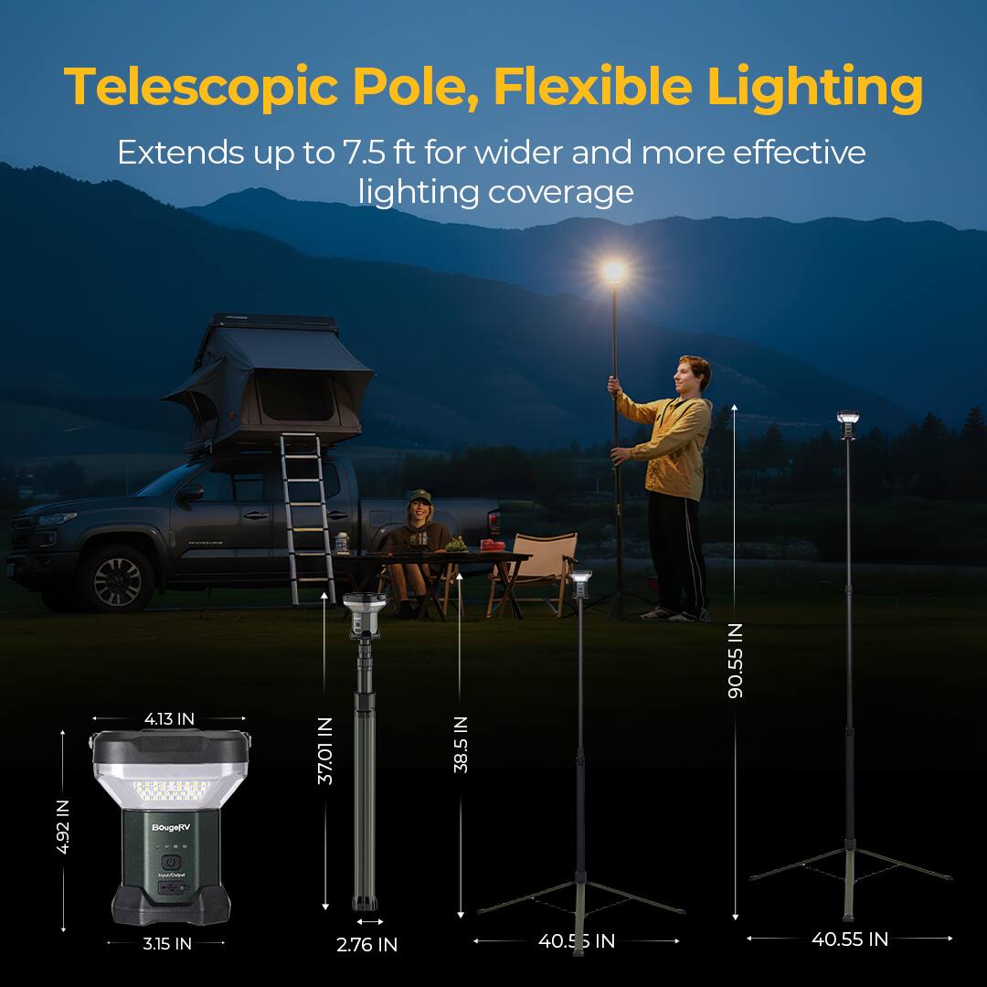 Telescopic Pole, Flexible Lighting Extends up to 7.5 ft for wider and more effective lighting coverage

- 4.92 IN
- 4.13 IN
- 37.0 IN
- 38.5 IN
- 90.55 IN
- 3.15 IN
- 2.76 IN
- 40.5 IN
- 40.55 IN