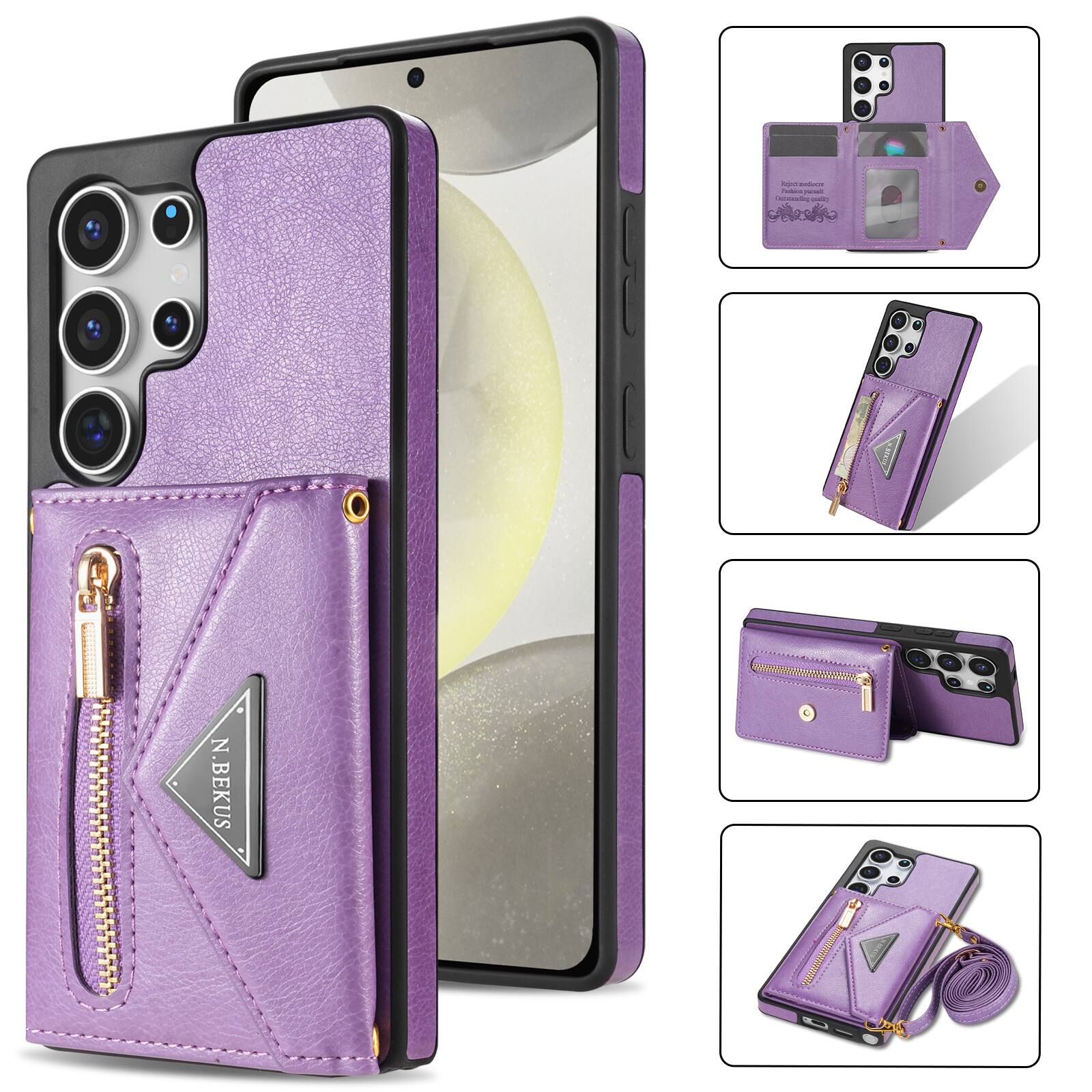 Angle. Dteck - Crossbody Wallet Case for Samsung Galaxy S26 Ultra, Shockproof PU Leather Stand Cover with Zipper Pocket and Card Slots - Purple.