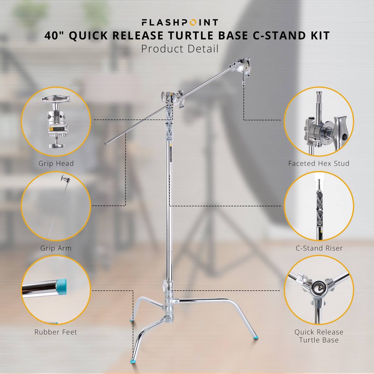 FLASHPOINT 40" QUICK RELEASE TURTLE BASE C-STAND KIT

Product Detail

- Grip Head
- Faceted Hex Stud
- Grip Arm
- C-Stand Riser
- Rubber Feet
- Quick Release Turtle Base