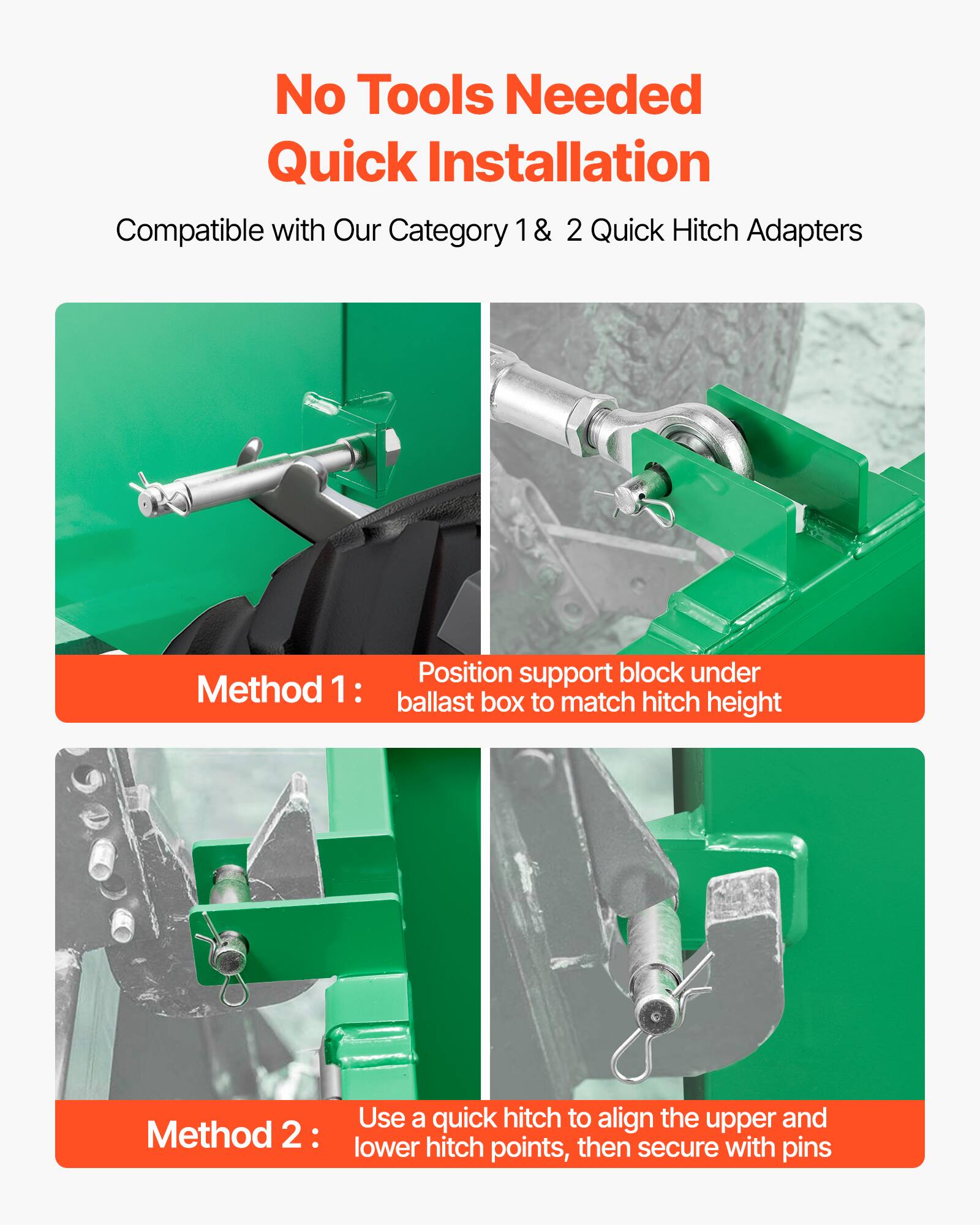 No Tools Needed Quick Installation  
Compatible with Our Category 1 & 2 Quick Hitch Adapters  

Method 1:  
Position support block under ballast box to match hitch height  

Method 2:  
Use a quick hitch to align the upper and lower hitch points, then secure with pins