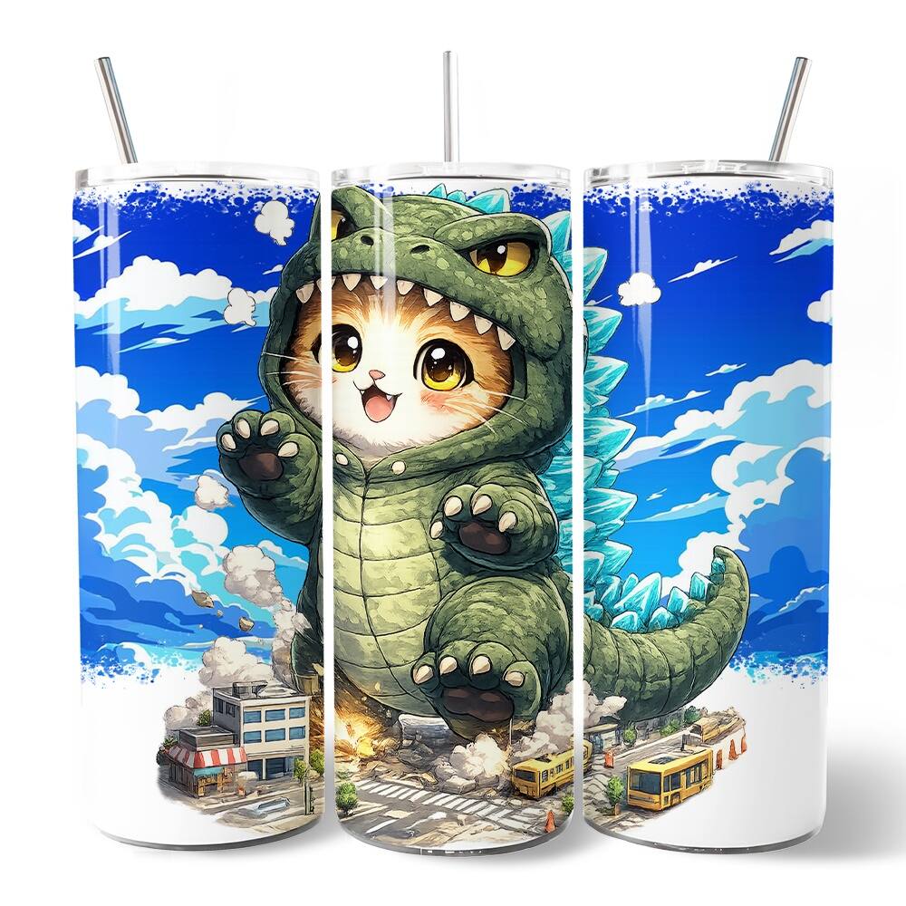 Front. OrnamentallyYou - Kawaii Cat Kaiju City Destroyer 20oz Tumbler With Lid and Stainless Steel Straw - Multicolored.