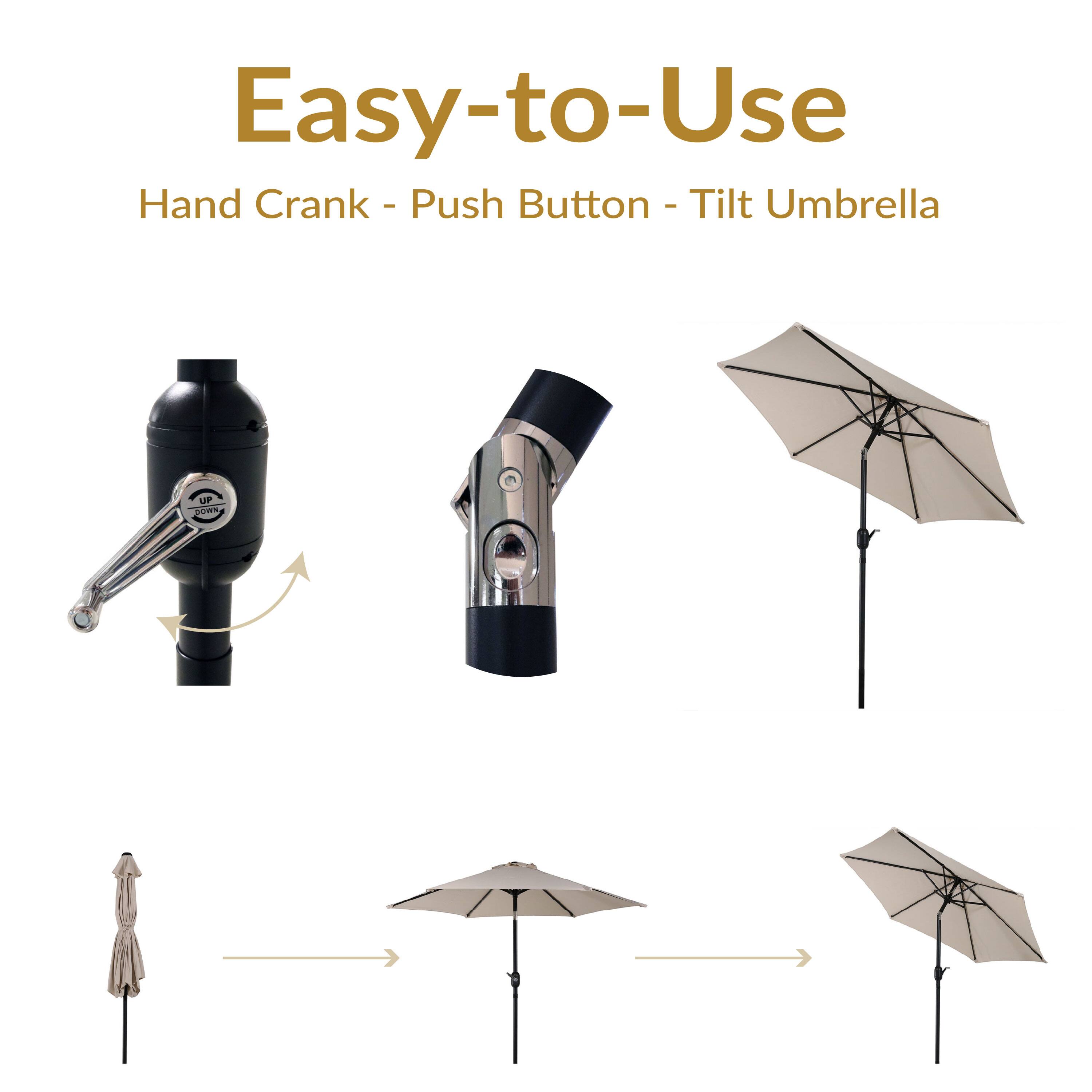 Easy-to-Use  
Hand Crank - Push Button - Tilt Umbrella