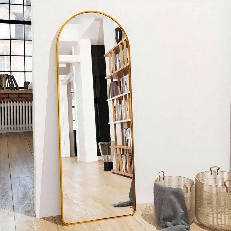 Angle. Hivvago - Hivvago Gold Large Full Length Rounded Leaning Wall or Hanging Mirror - Gold.